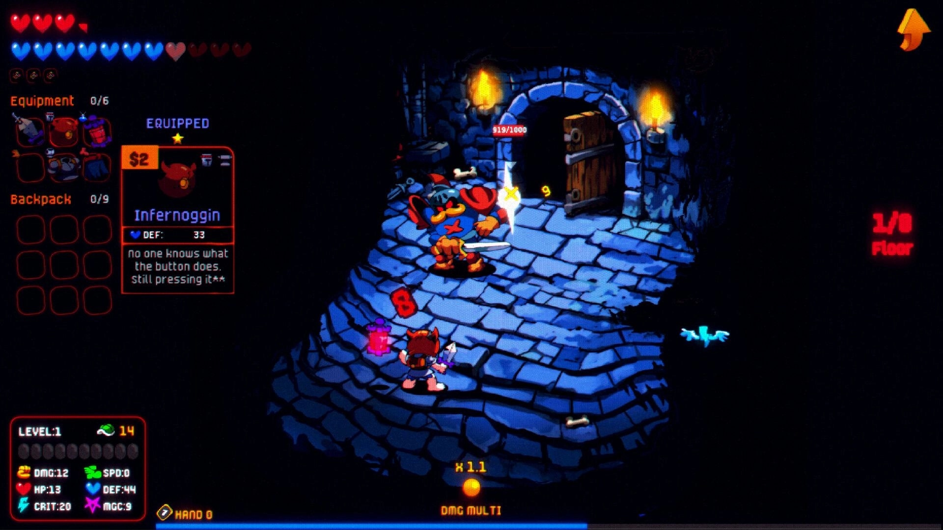 CARNEDGE: Player battles enemies in a stone dungeon with UI showing equipment, health, and stats.