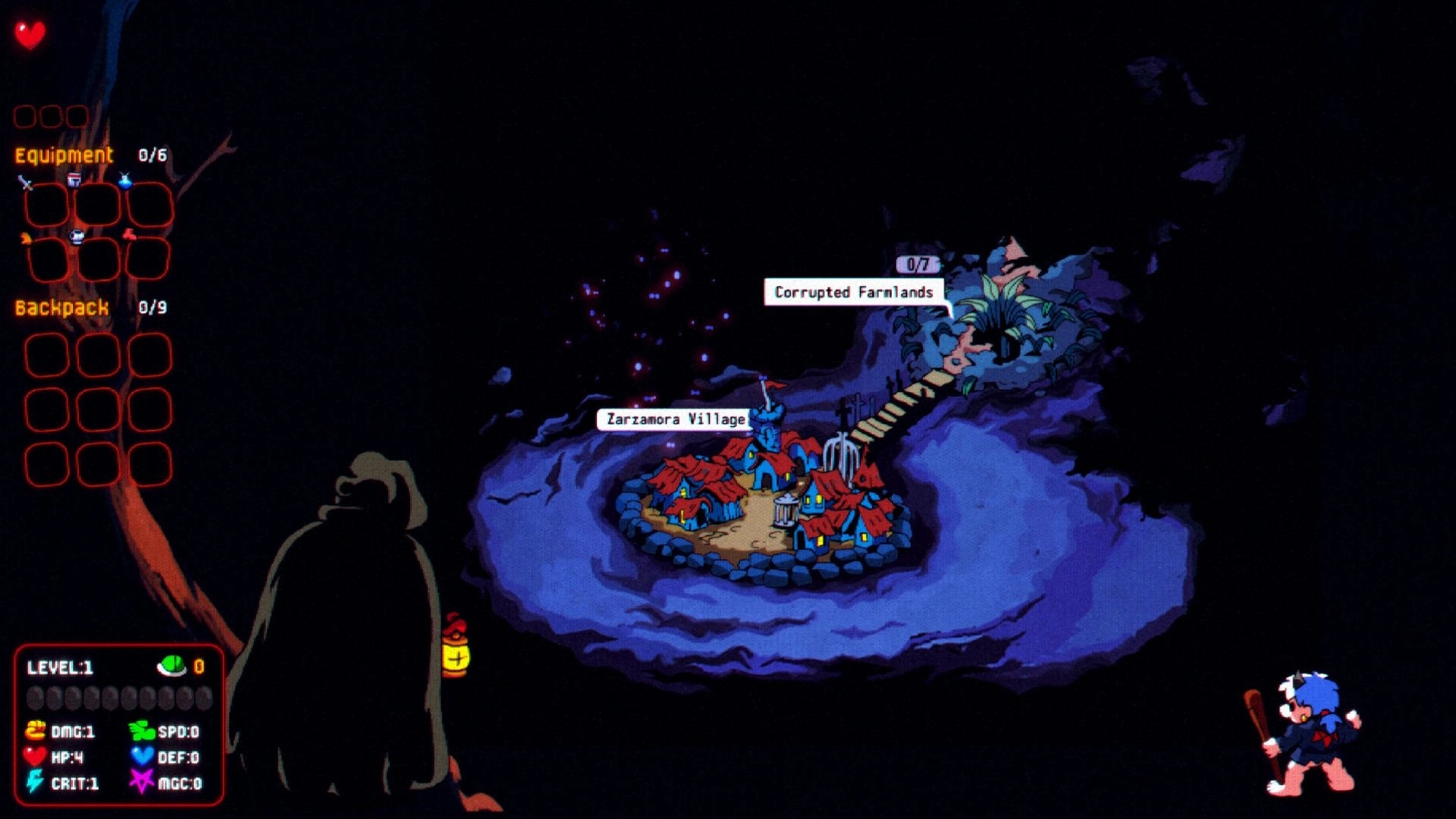 CARNEDGE: Character explores map with Zarzamora Village and Corrupted Farmlands, inventory displayed