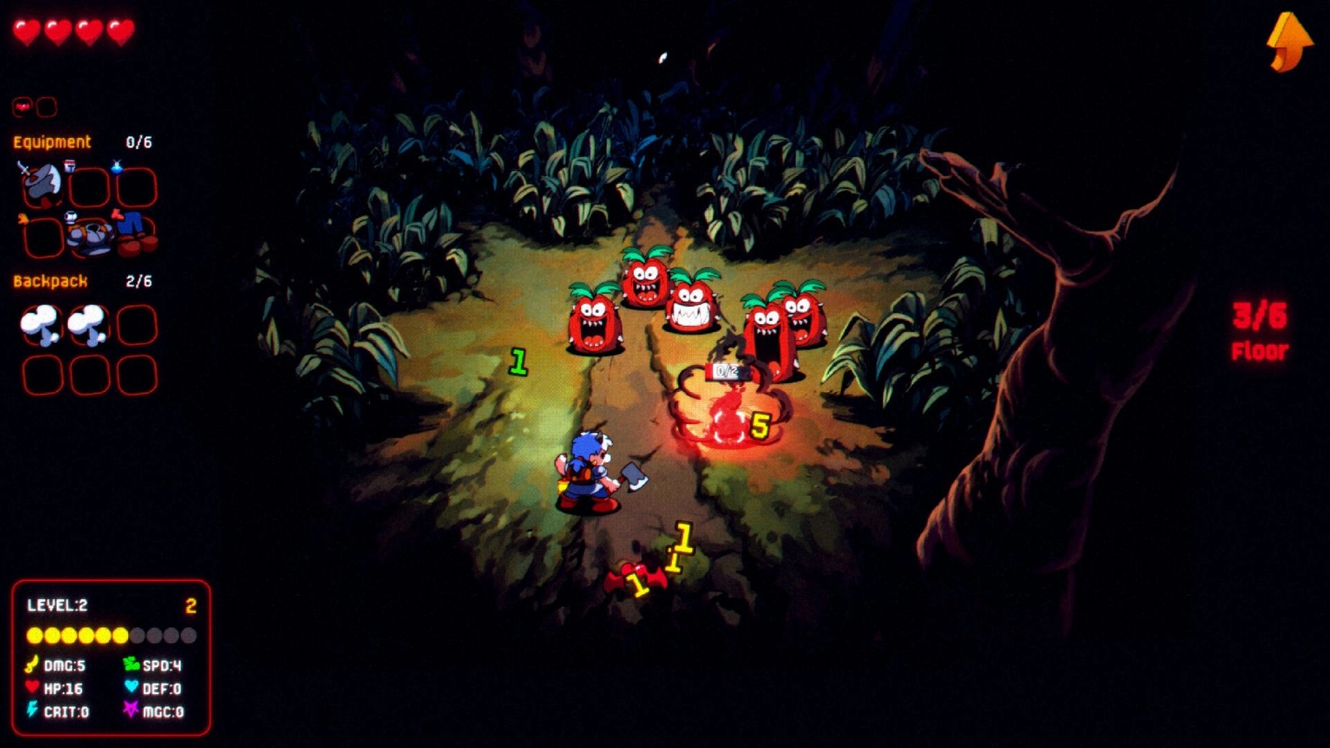 CARNEDGE: Player battling five tomato enemies with stats and inventory displayed in a dark forest setting.