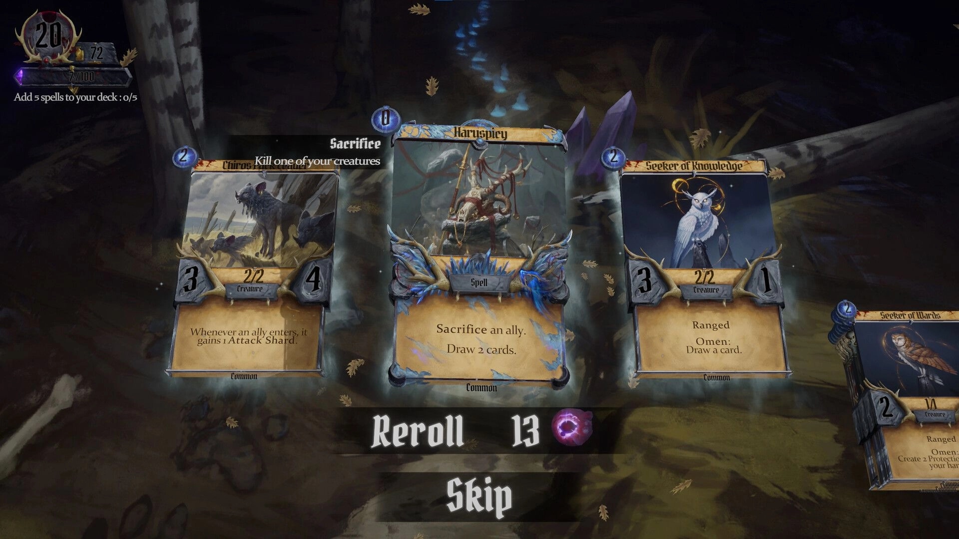 Carnholt: Card reward choice with Chiros, Haruspicy spell, and Seeker of Knowledge in dark woods.
