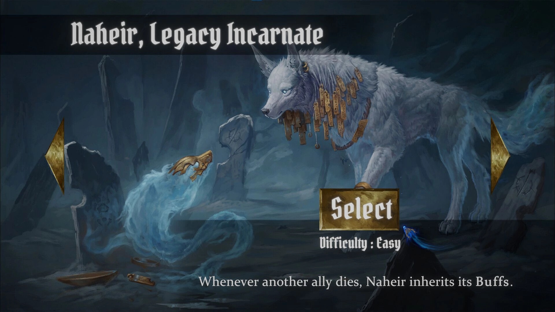 Carnholt: Character select for Naheir, Legacy Incarnate with Select button in icy cave backdrop.