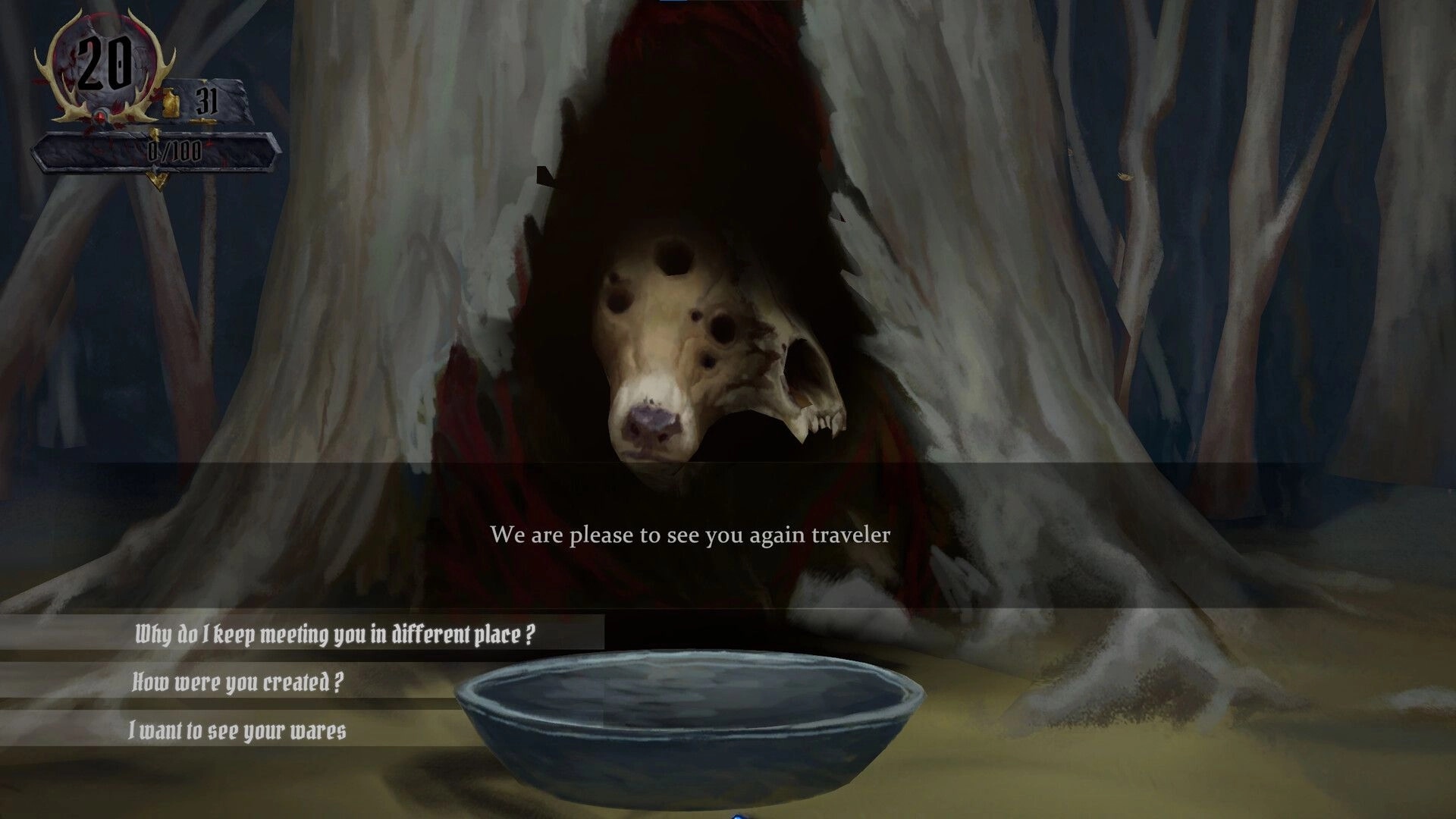 Carnholt: Dialogue with a hooded skull-faced merchant beside a bowl in a pale forest glade.