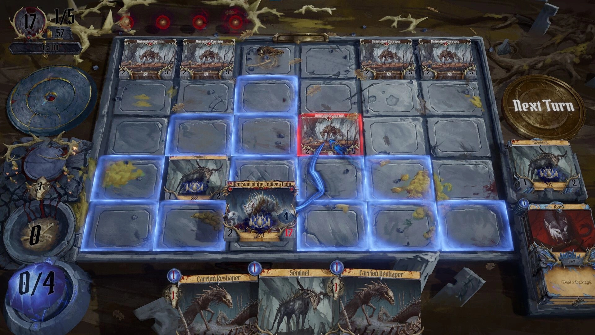 Carnholt: Tactical card battle on a grid board with creature cards, hand at bottom, Next Turn UI.