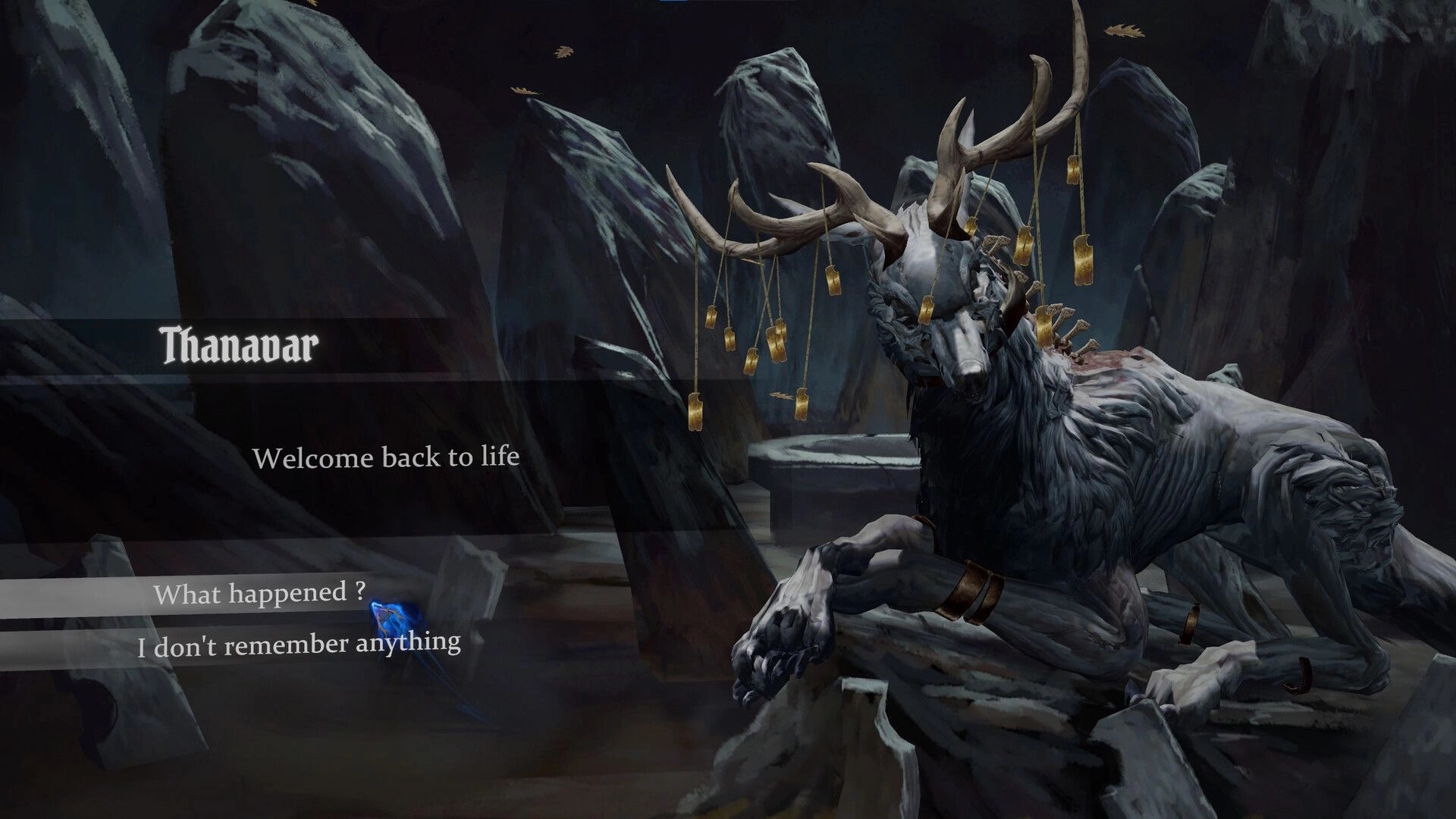 Carnholt: Dialogue choice with Thanavar beside a horned beast in a dark stone cavern shrine.