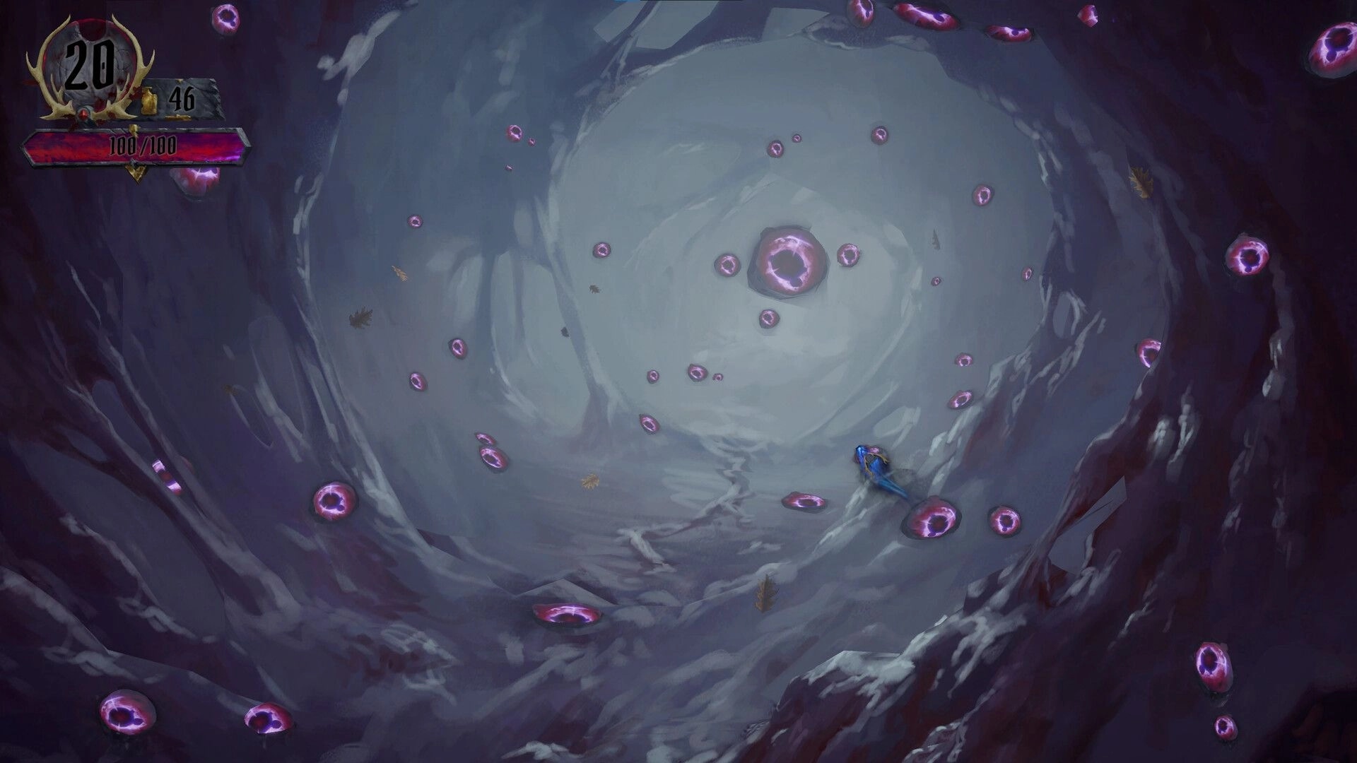 Carnholt: Explorer approaches a giant purple eye in a swirling cavern, health and counters UI top left.
