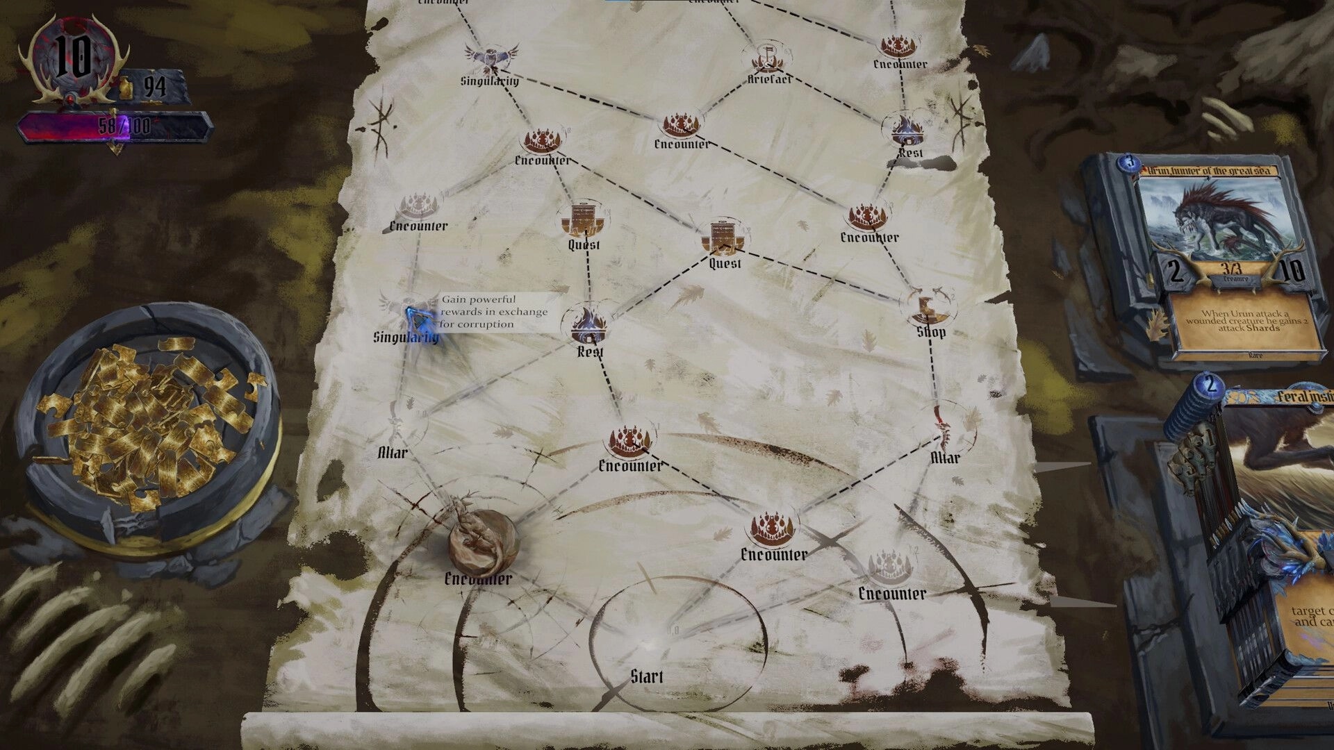 Carnholt: World map route screen with encounter nodes, quests, shop and altar icons on parchment map.