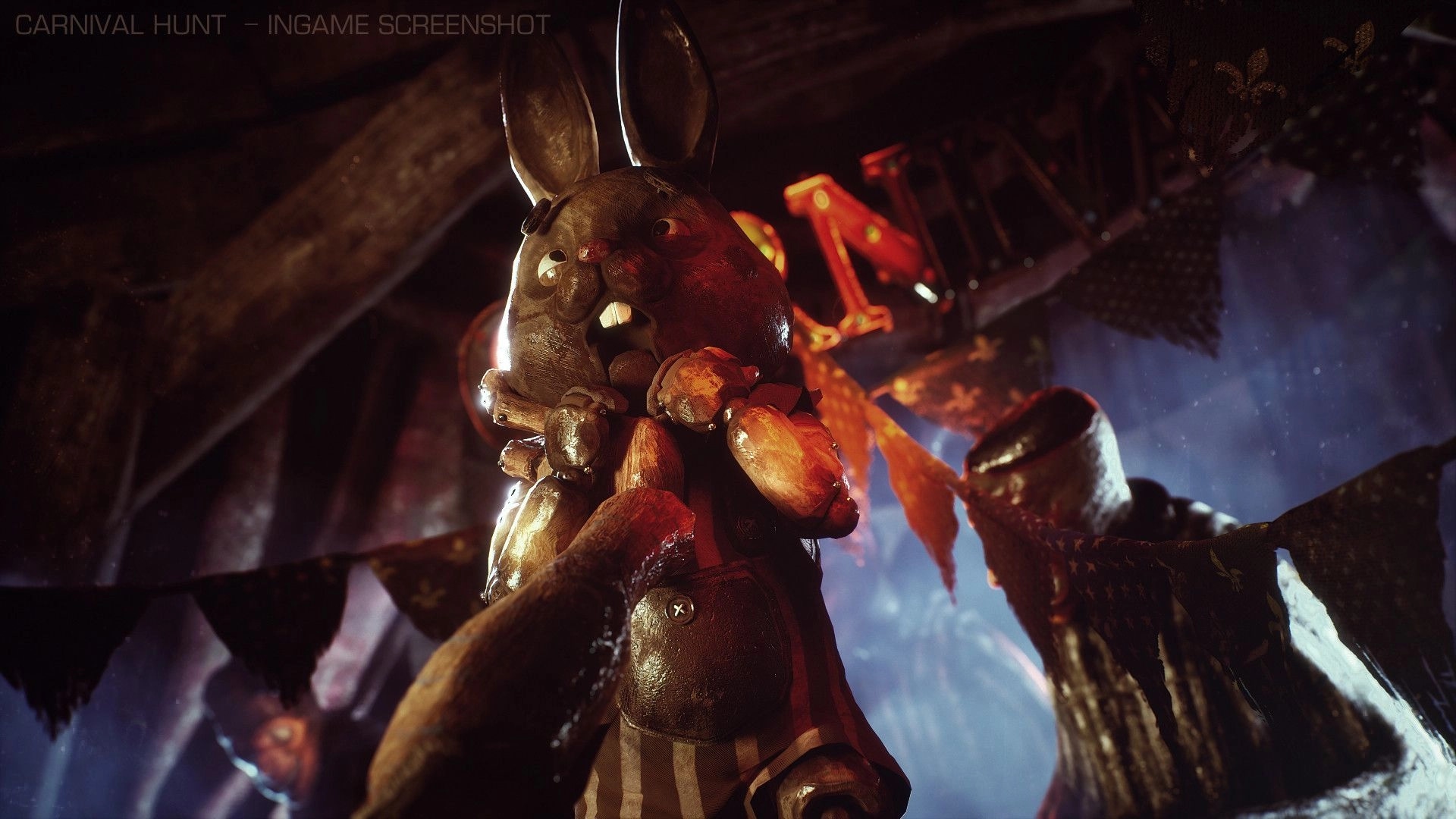 Carnival Hunt: Suspicious bunny character in a dimly lit carnival setting with hanging flags