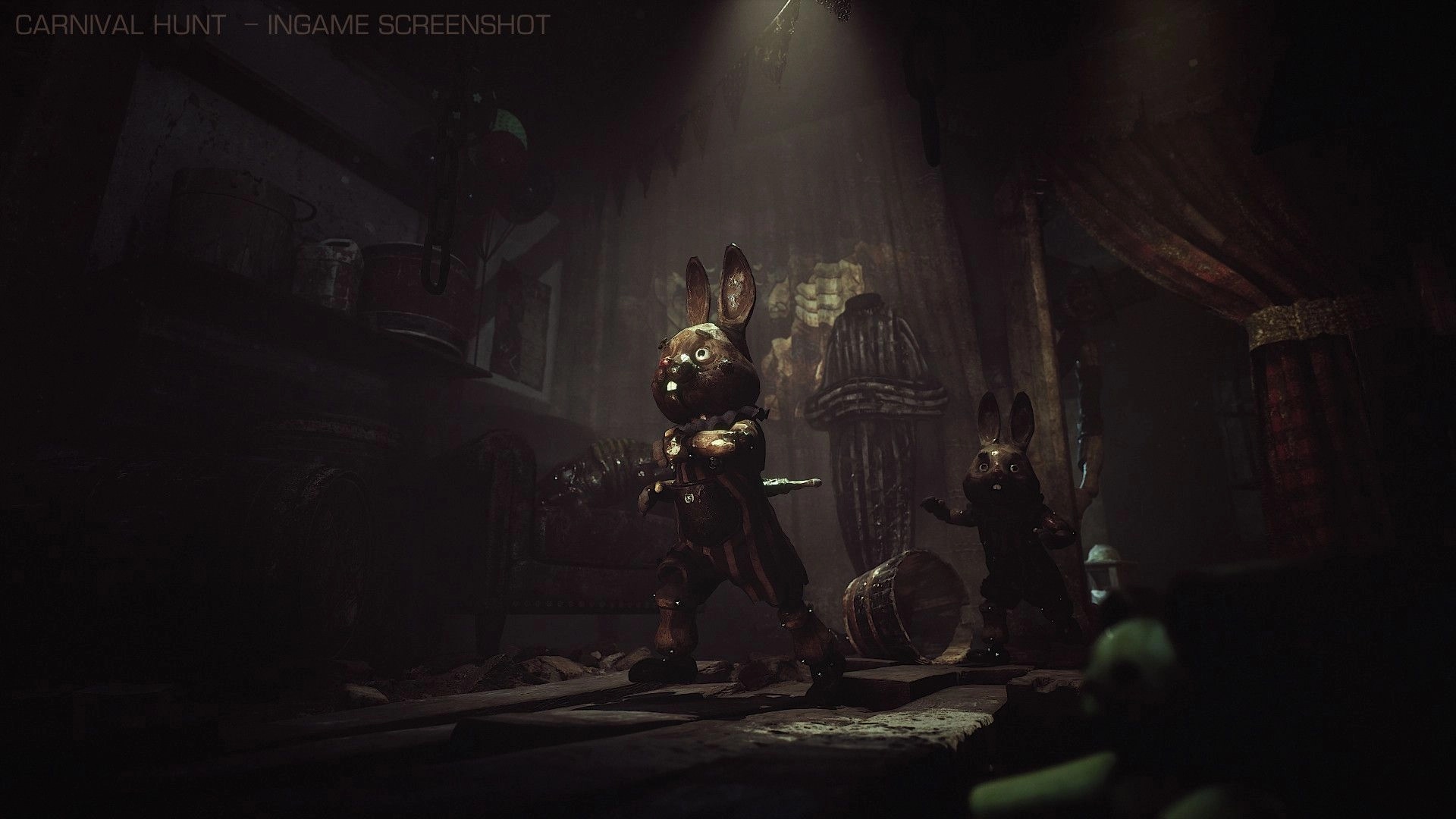 Carnival Hunt: Two mechanical bunnies cautiously explore a dimly lit, cluttered room with eerie decor.