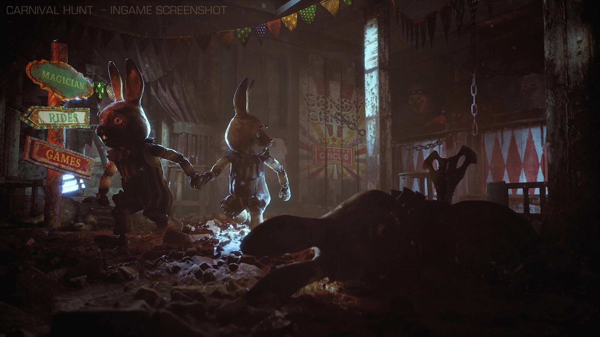 Carnival Hunt: Two Bunnies holding hands near a signpost in a dark, eerie carnival tent.