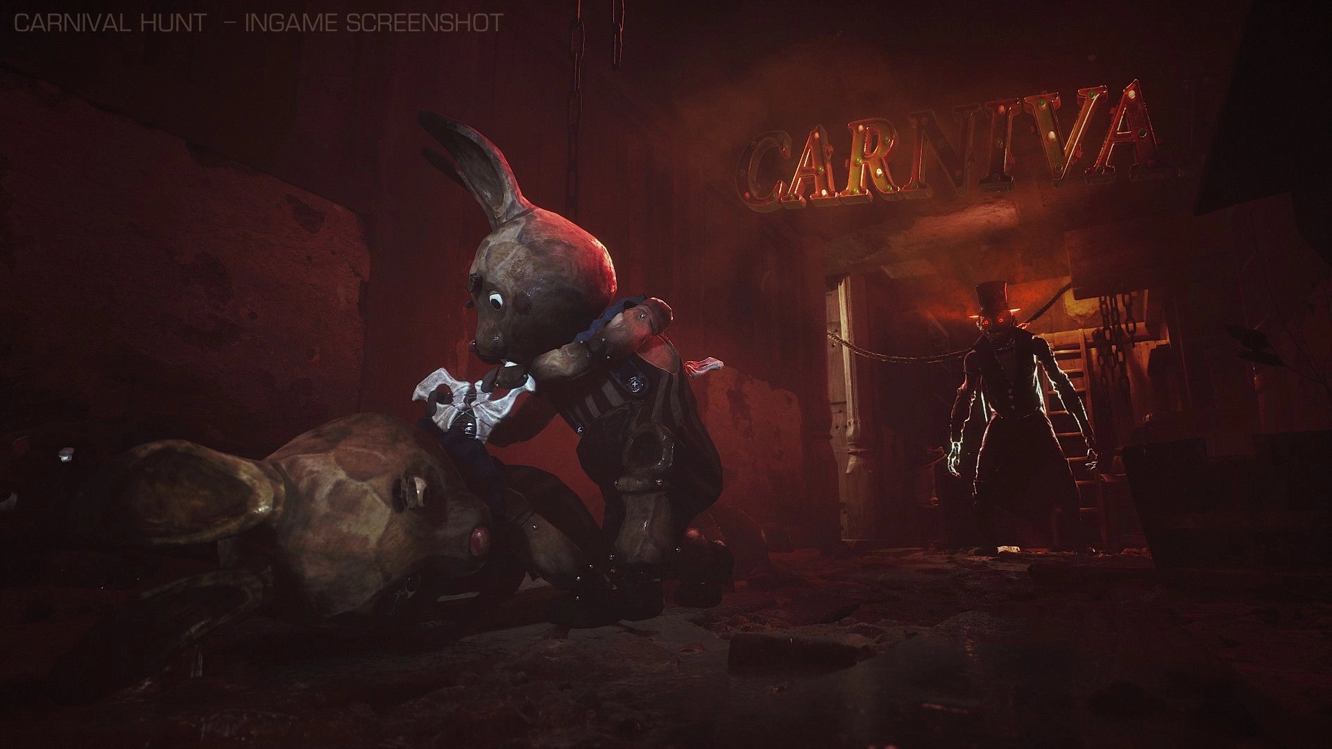Carnival Hunt: Bunny tends to another while the Carnival Monster lurks in the shadowy carnival hallway.
