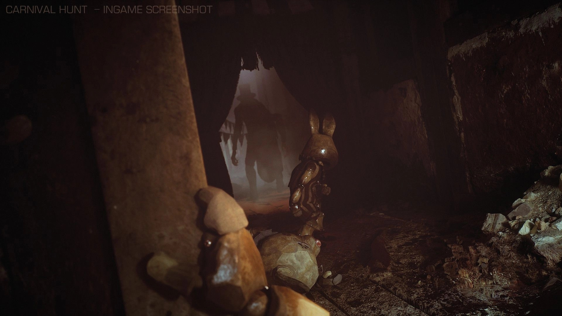 Carnival Hunt: Bunnies hiding as shadowy Carnival Monster approaches in dark, abandoned corridor