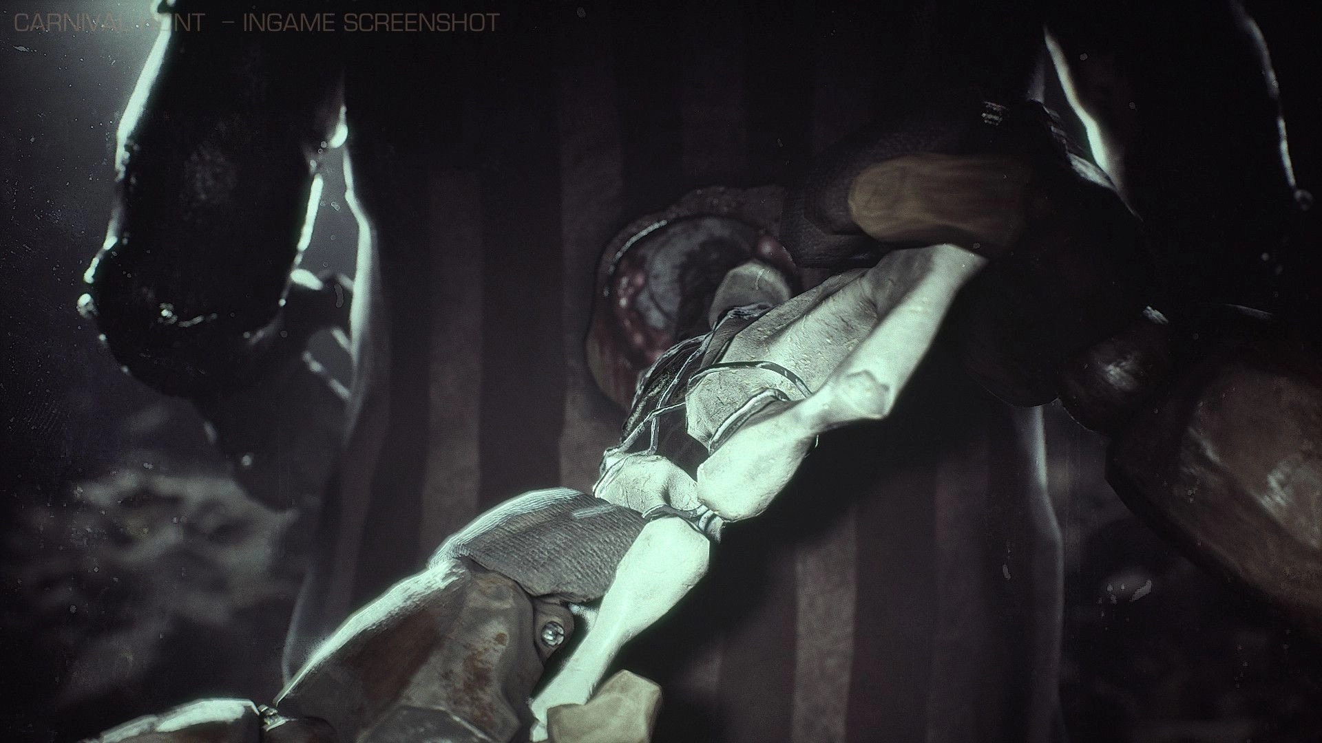 Carnival Hunt: Carnival Monster gripping a Bunny in a dark, eerie environment with striped backdrop