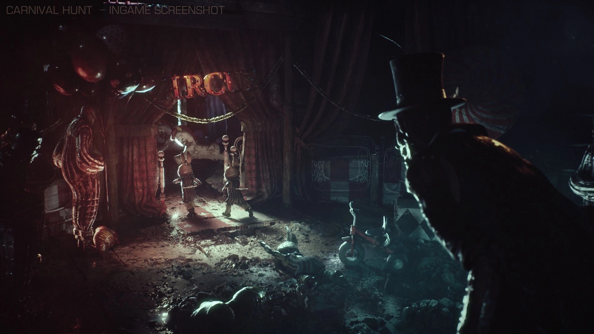 Carnival Hunt: Bunnies entering eerie circus tent while Carnival Monster lurks in the shadows nearby