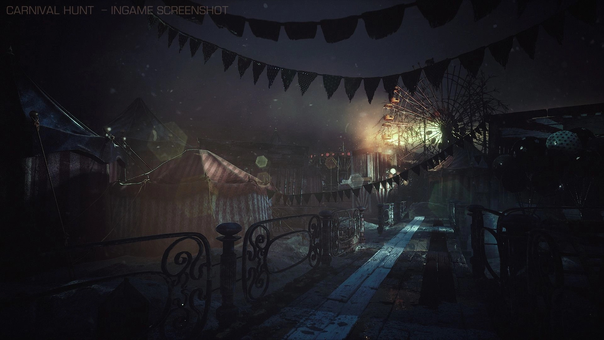 Carnival Hunt: Eerie nighttime carnival with tents, Ferris wheel, and dark festive bunting overhead