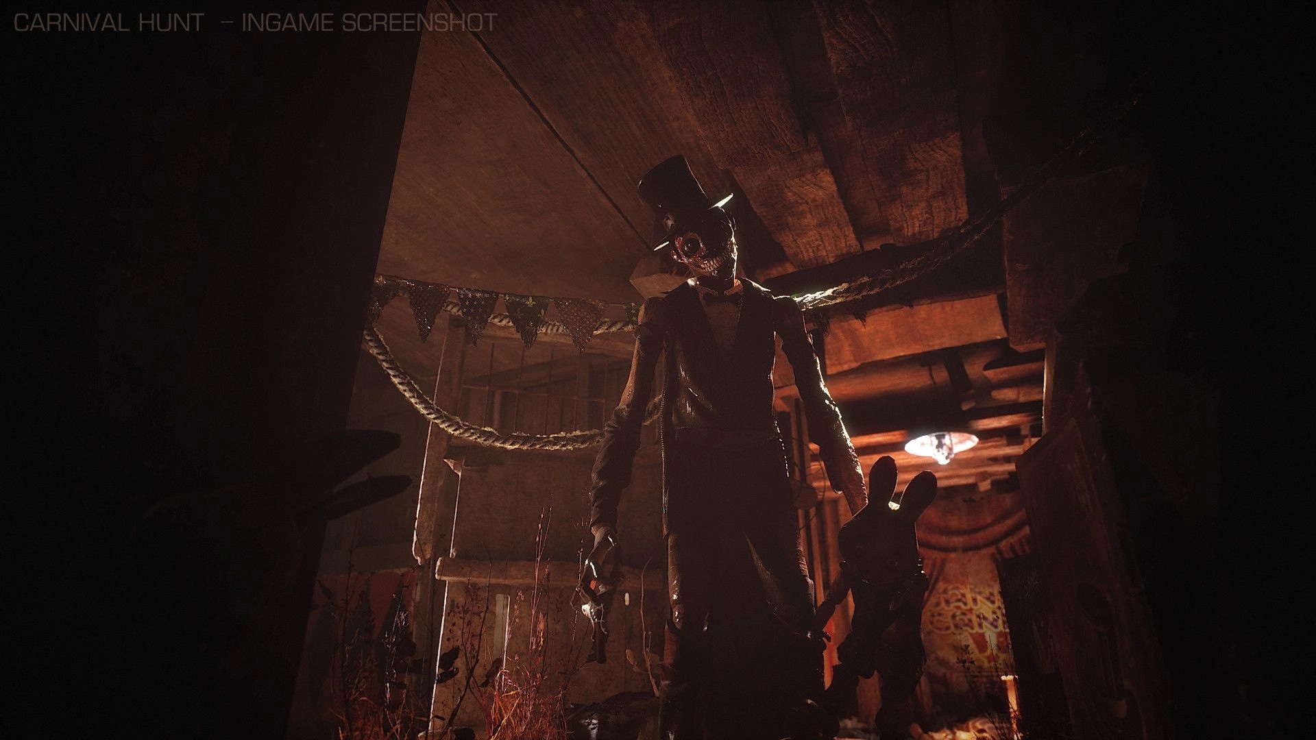Carnival Hunt: The Carnival Monster in a dimly lit wooden cabin with eerie decorations and hanging ropes.