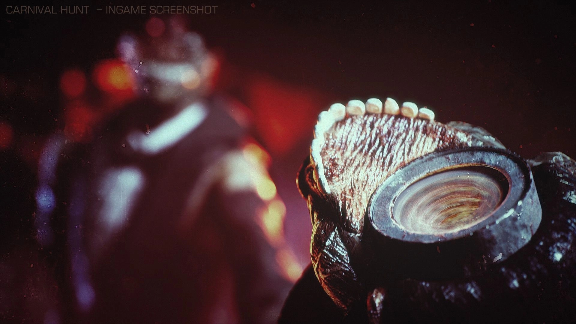 Carnival Hunt: Close-up of Carnival Monster's mask in a dark, blurry setting with glowing red lights