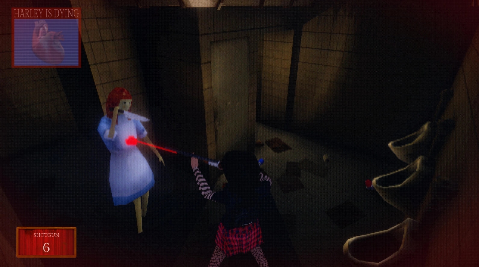 Carnival Massacre: Player aims shotgun at enemy in dimly lit restroom with health warning displayed