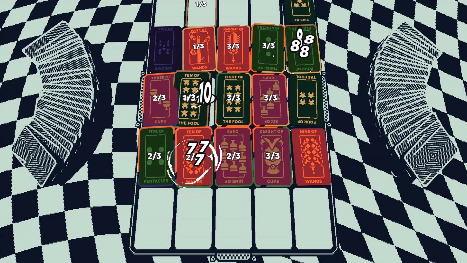 Cartomantic: Tactical card placement on a checkered board with various Tarot cards displayed