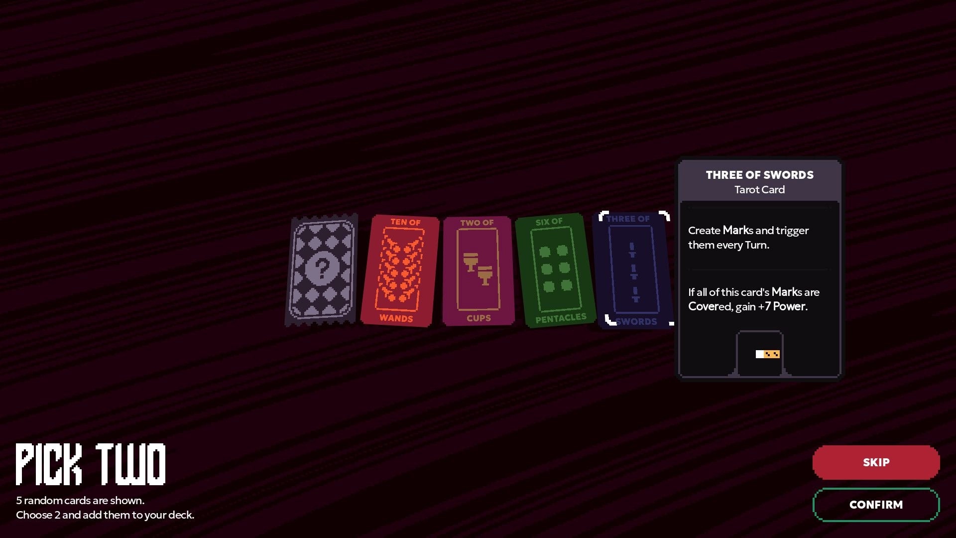 Cartomantic: Card selection screen showing five Tarot cards with details of the Three of Swords card