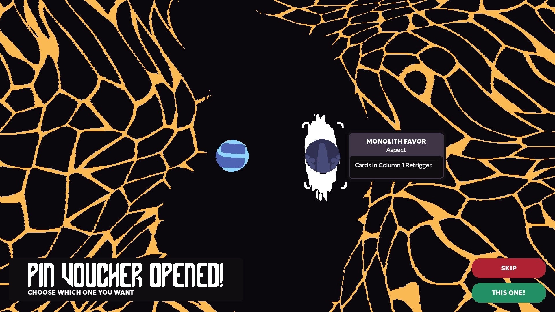 Cartomantic: Pin voucher selection screen with options for "Monolith Favor" and vibrant background pattern.