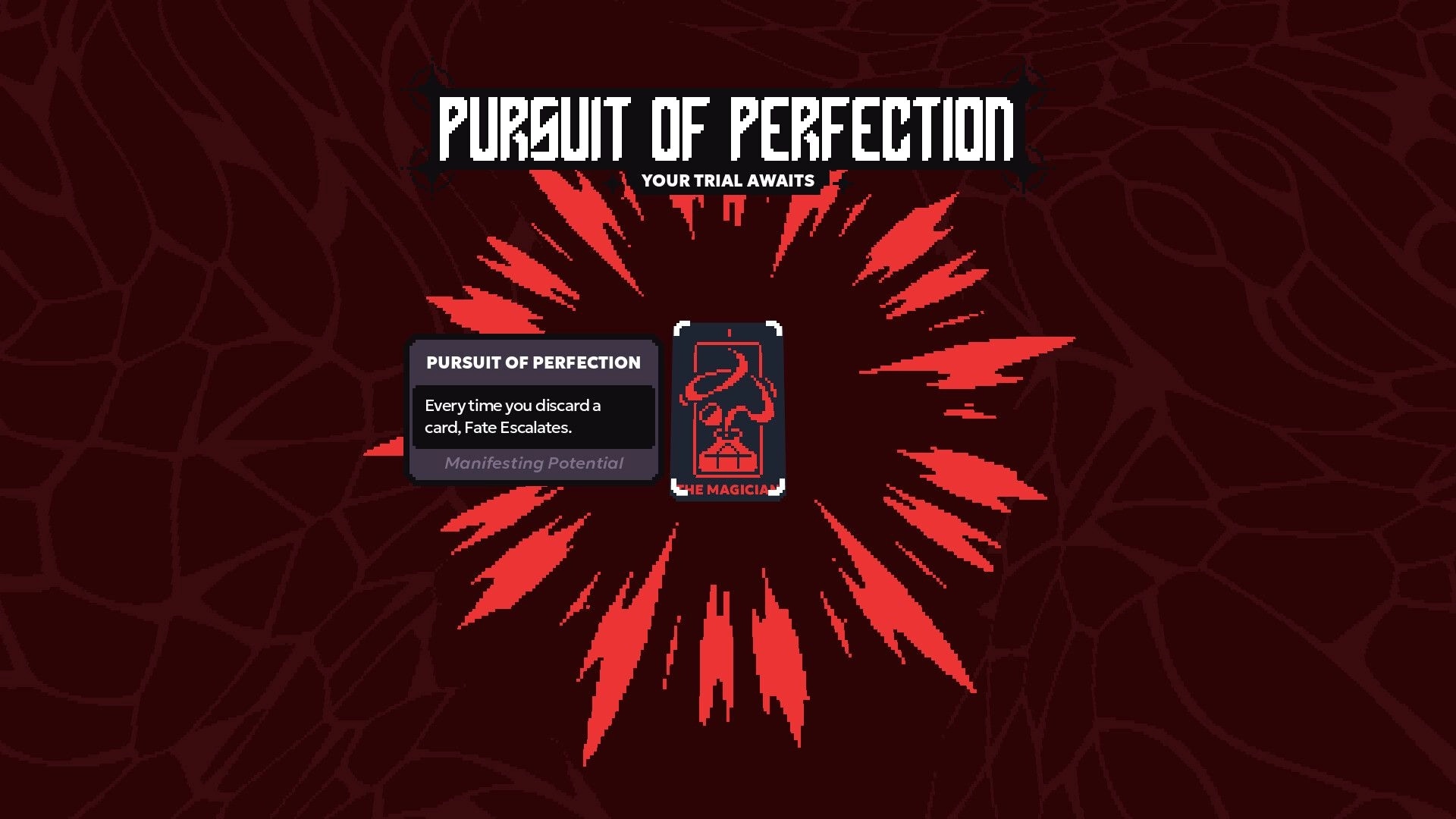 Cartomantic: "Pursuit of Perfection" card selection screen with detailed description and red burst design.