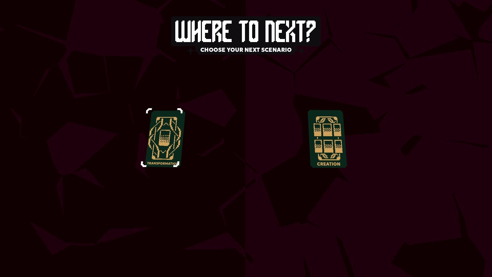 Cartomantic: Scenario selection screen with options for "Transformation" and "Creation" cards displayed