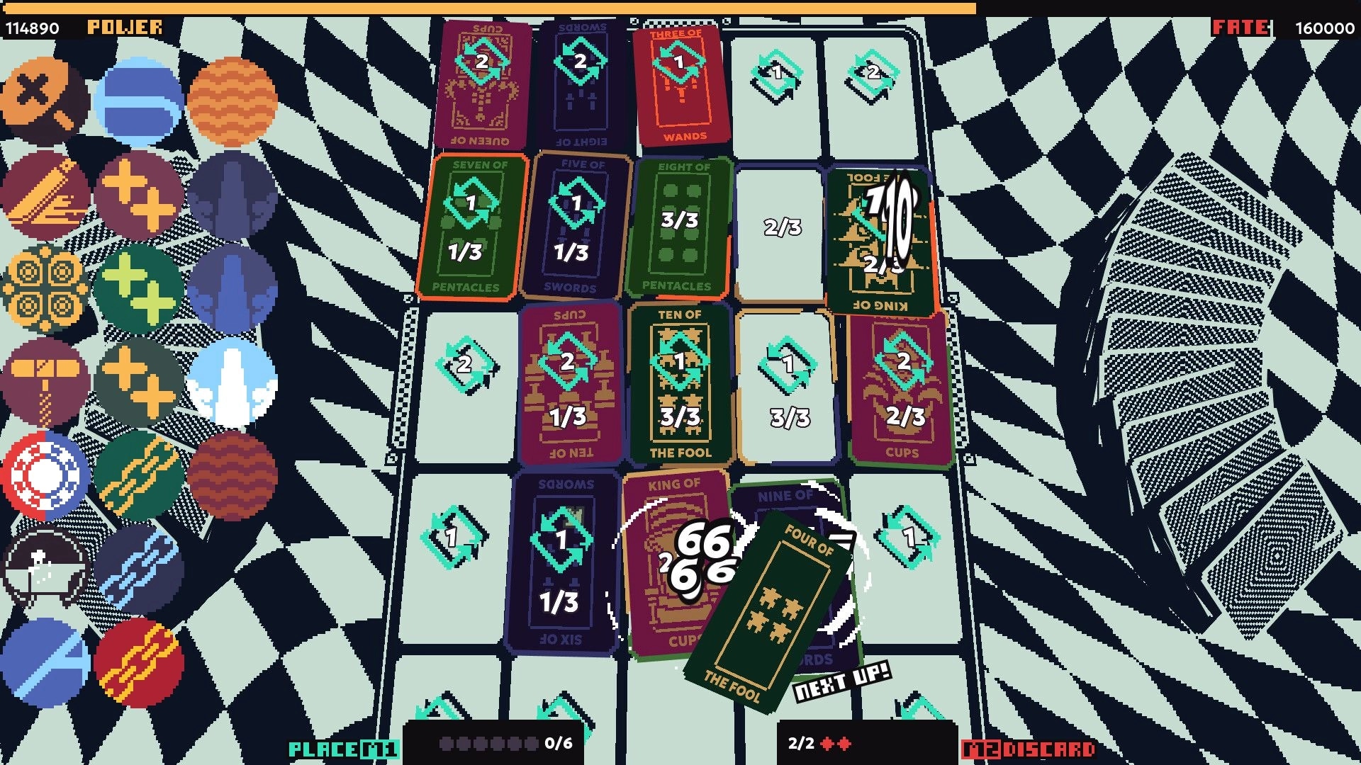 Cartomantic: Tactical card grid with Tarot cards like The Fool and Pentacles, over a checkered floor pattern.