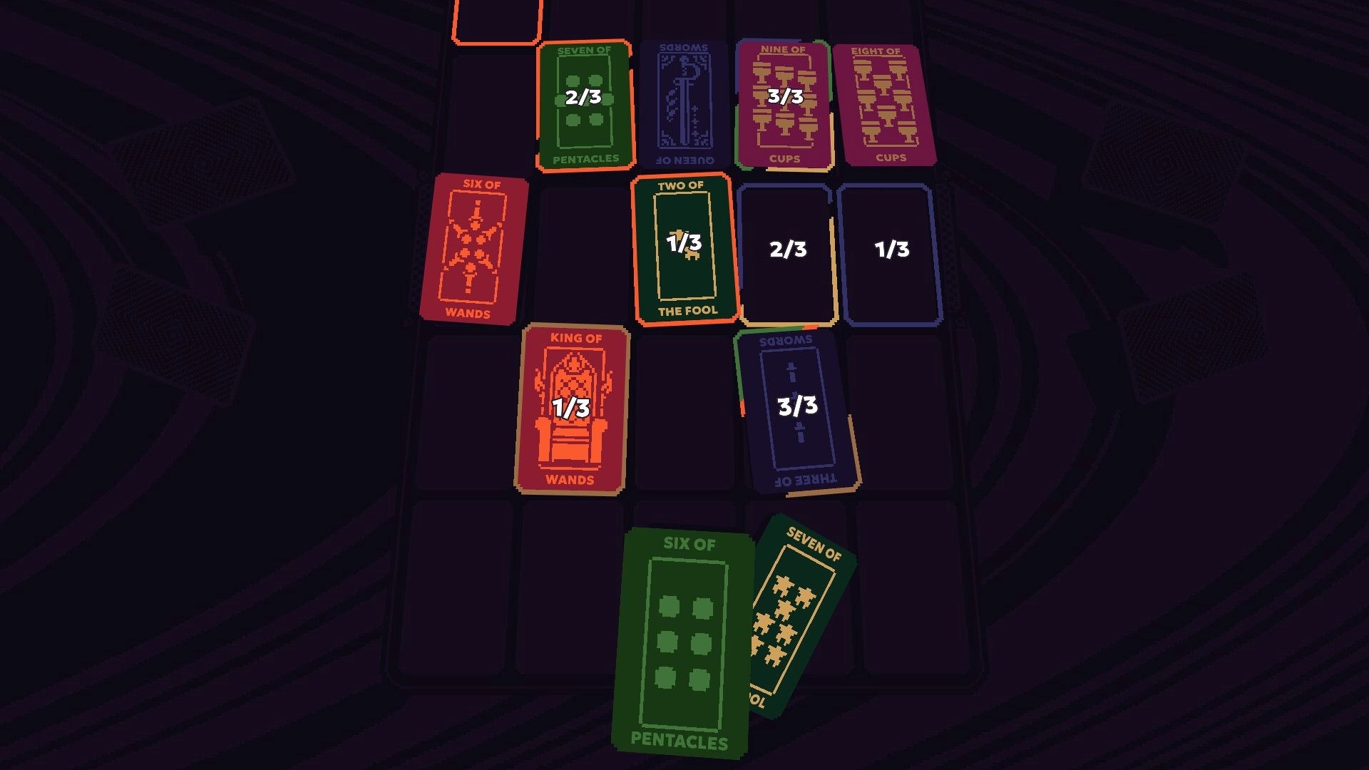Cartomantic: Tactical card arrangement featuring Wands, Pentacles, and Cups in strategic gameplay setting