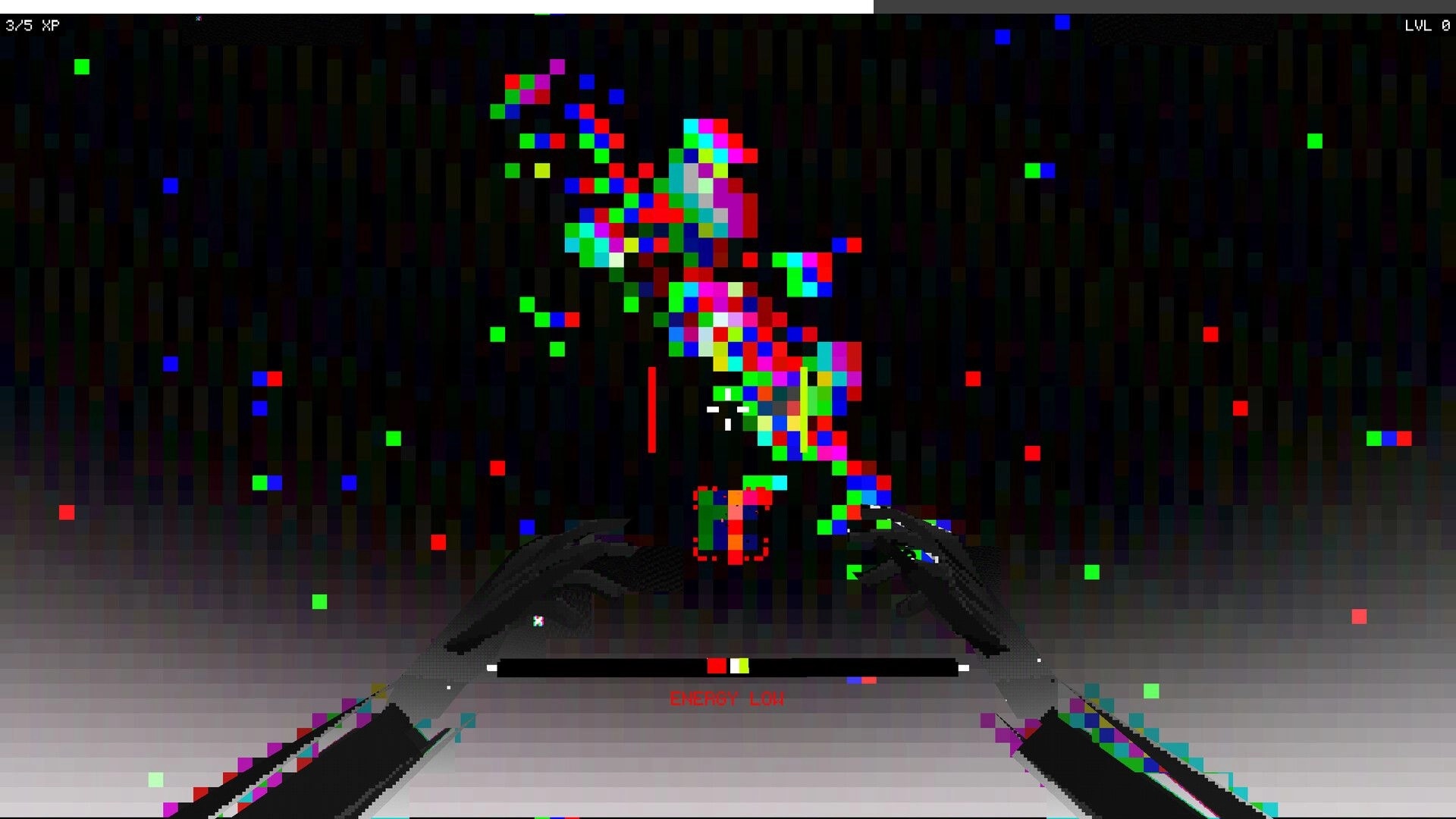 CASCADE: First-person view with glitched enemy ahead and energy bar low in a corrupted digital void.
