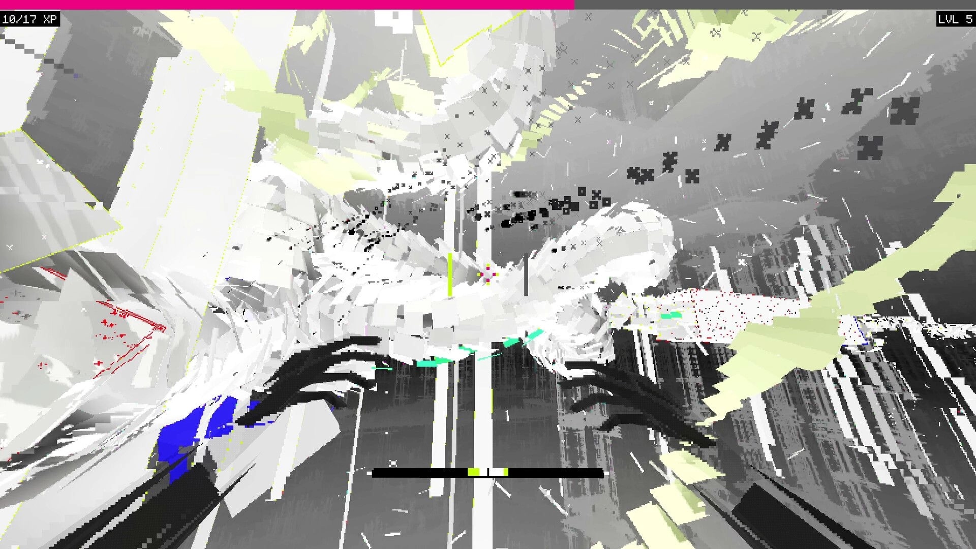 CASCADE: First-person view with black hands and crosshair amid glitch shards in a corrupted digital void.