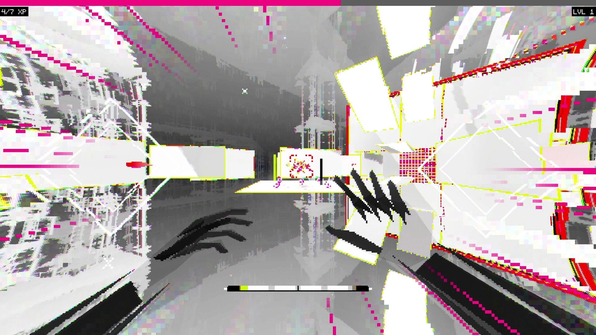 CASCADE: First-person sprint with gloved hands and crosshair through glitchy neon digital corridor UI XP and LVL 1.