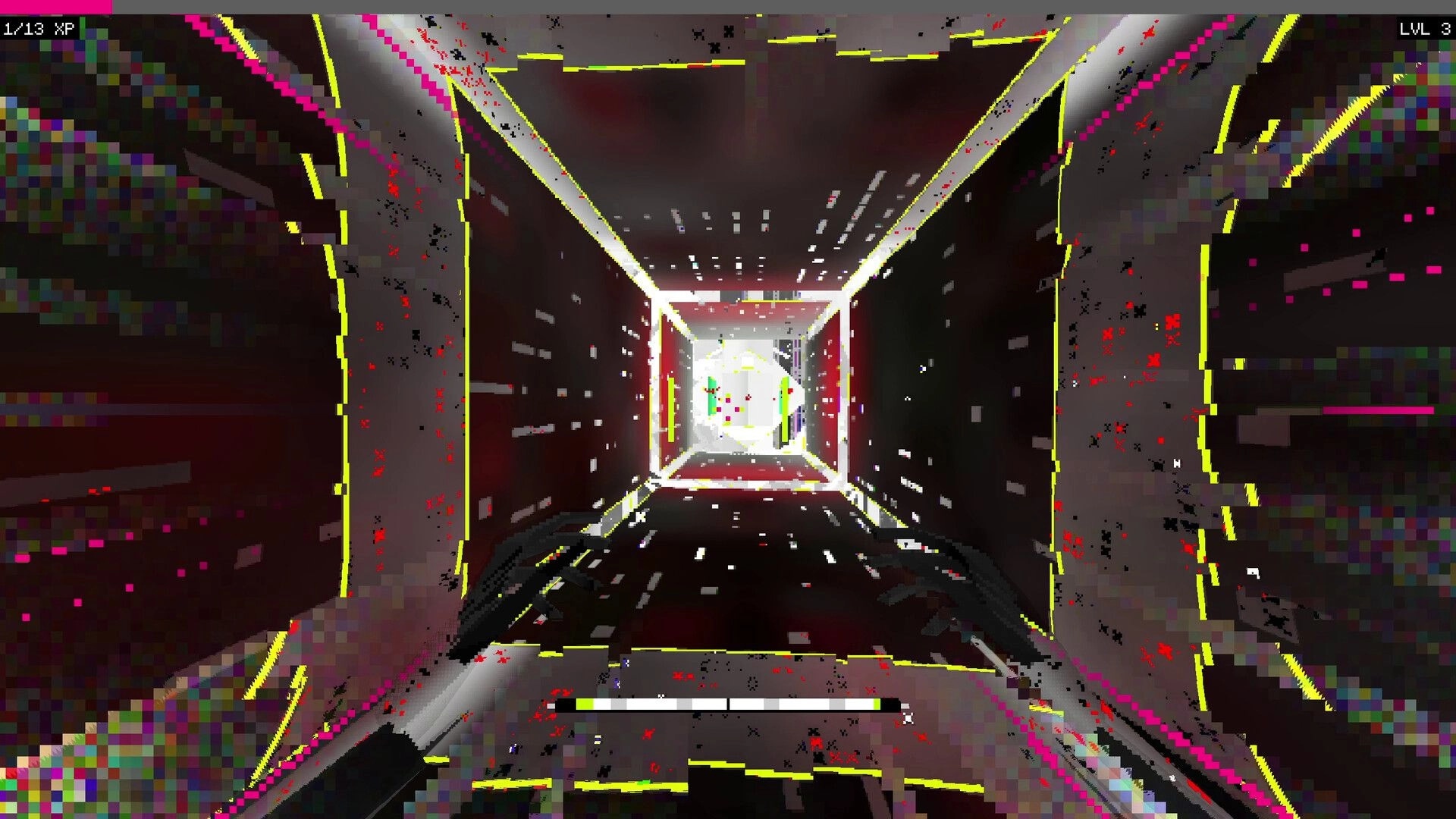 CASCADE: First-person sprint through neon glitch tunnel toward bright portal, XP and level UI visible.