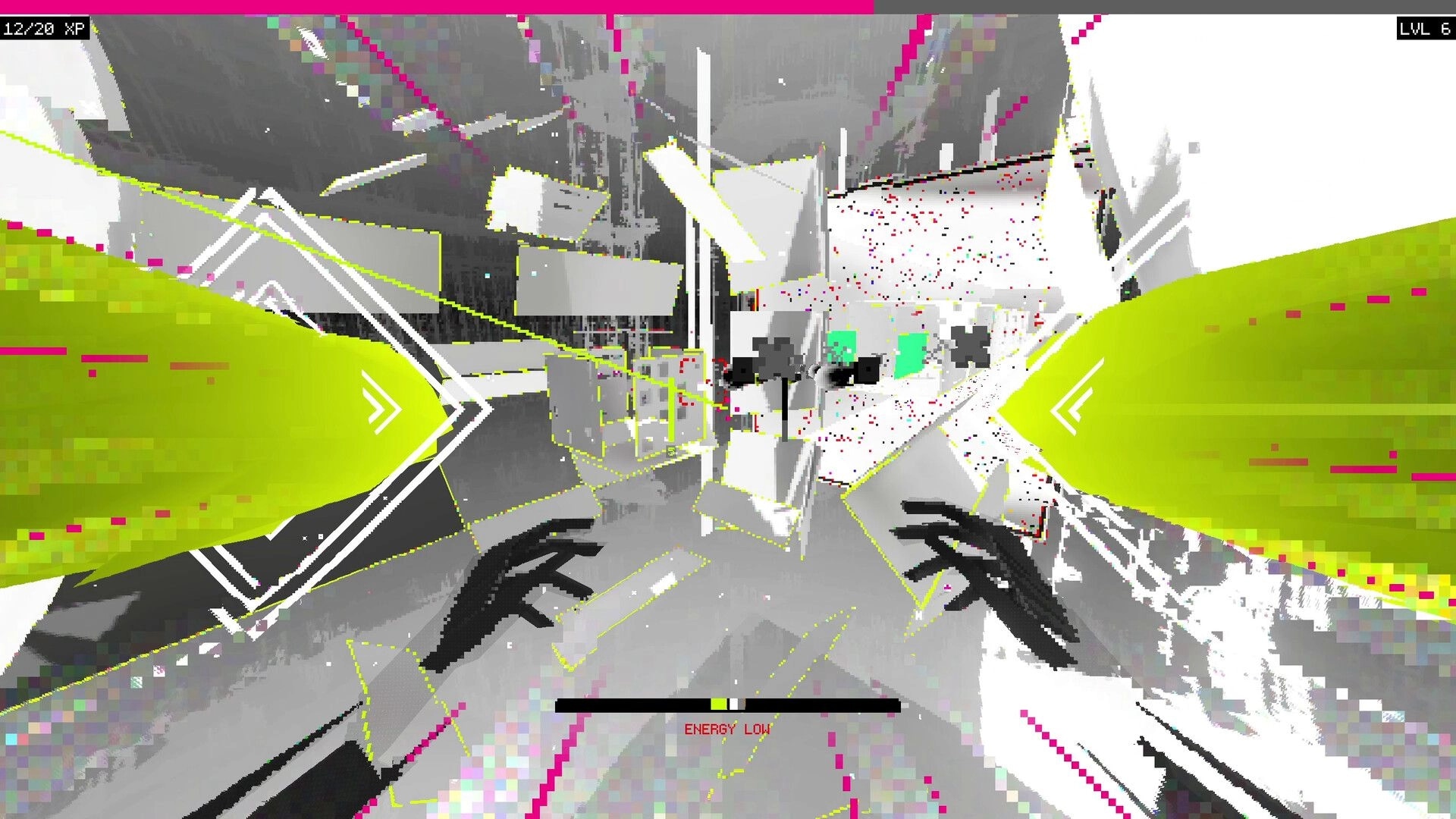 CASCADE: First-person wall-slide with gloved hands and energy low bar in glitchy white arena.