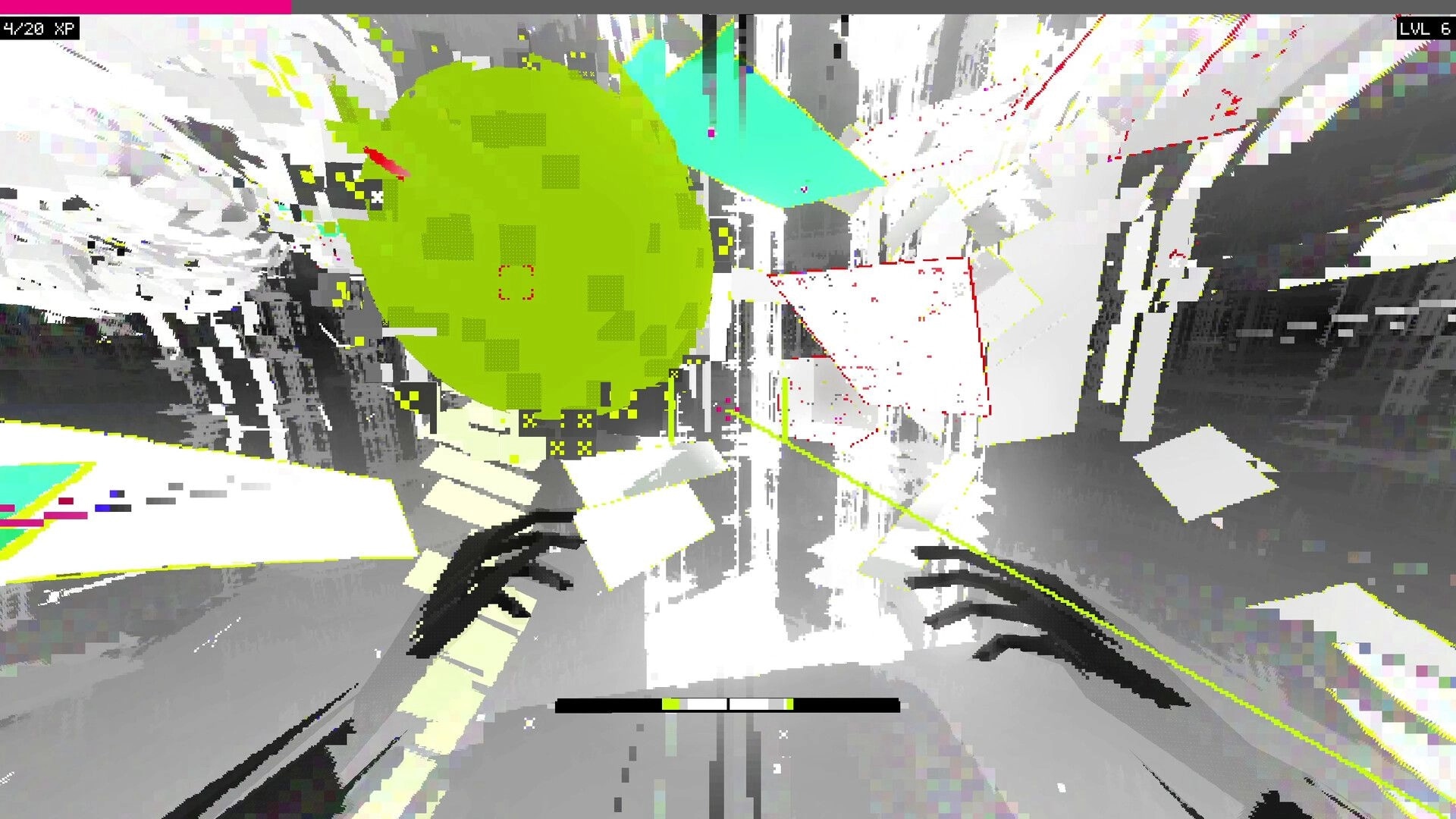 CASCADE: First-person midair dash toward a green orb, hands visible, in a glitchy white corridor.