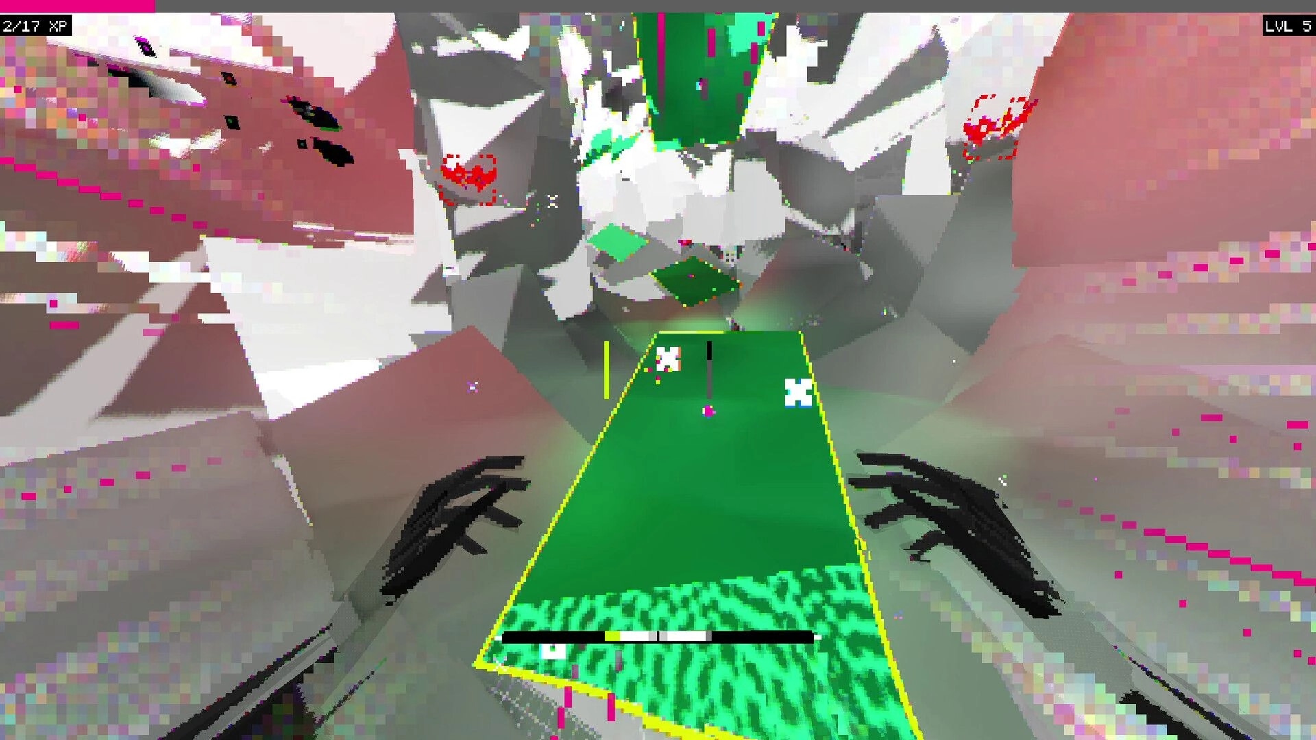 CASCADE: First-person platforming toward a green pad with XP bar and level 5 in glitchy tunnel.