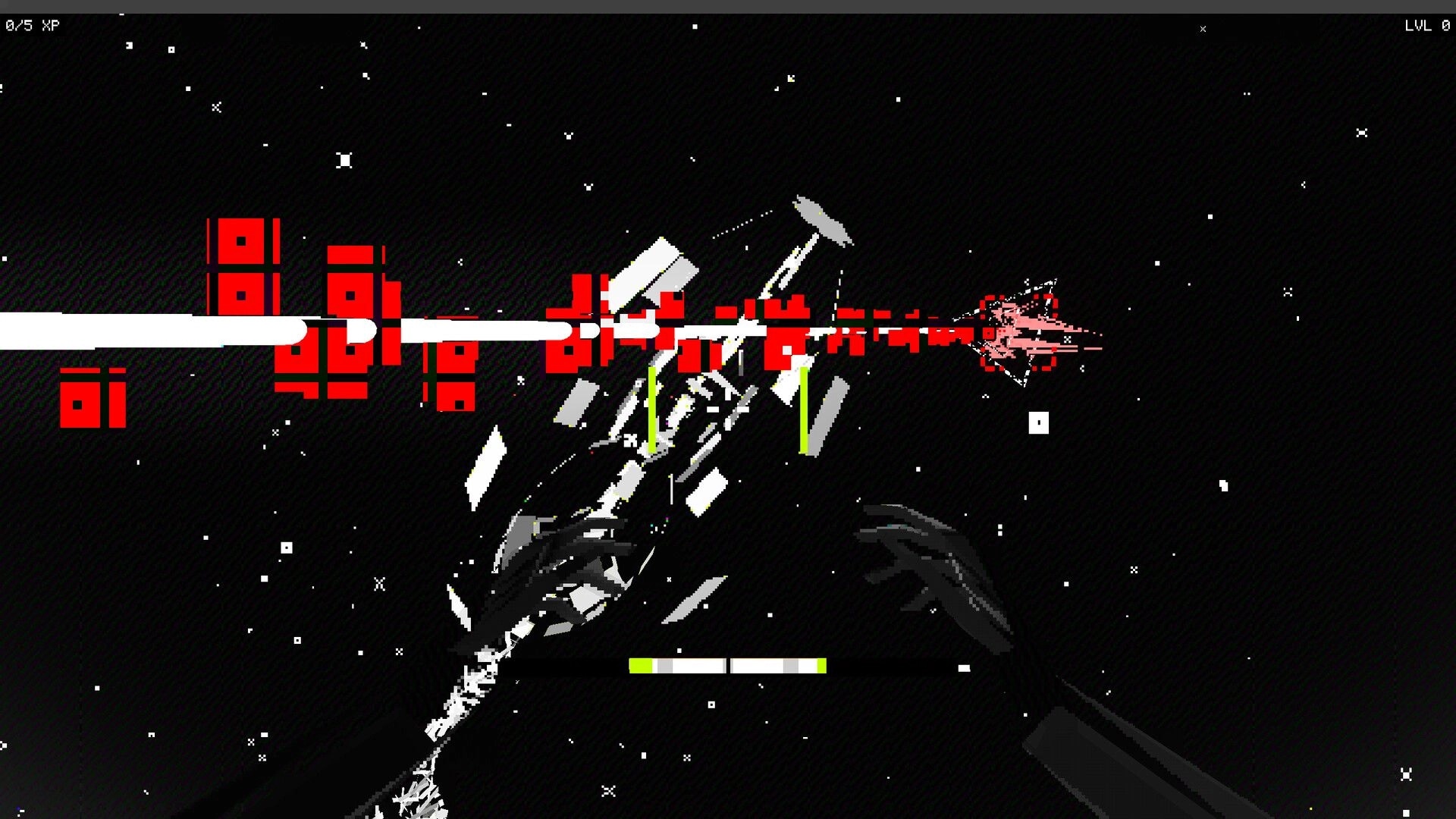 CASCADE: First-person hands amid red glitch blocks and white shards in a starry corrupted void level.