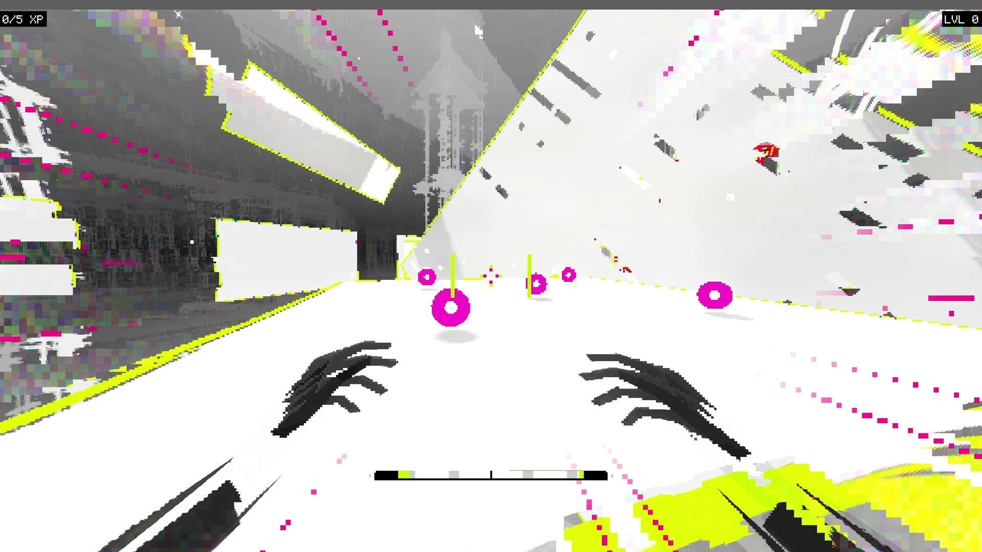 CASCADE: First-person sprint past pink ring targets with XP and level HUD in glitchy white corridor.