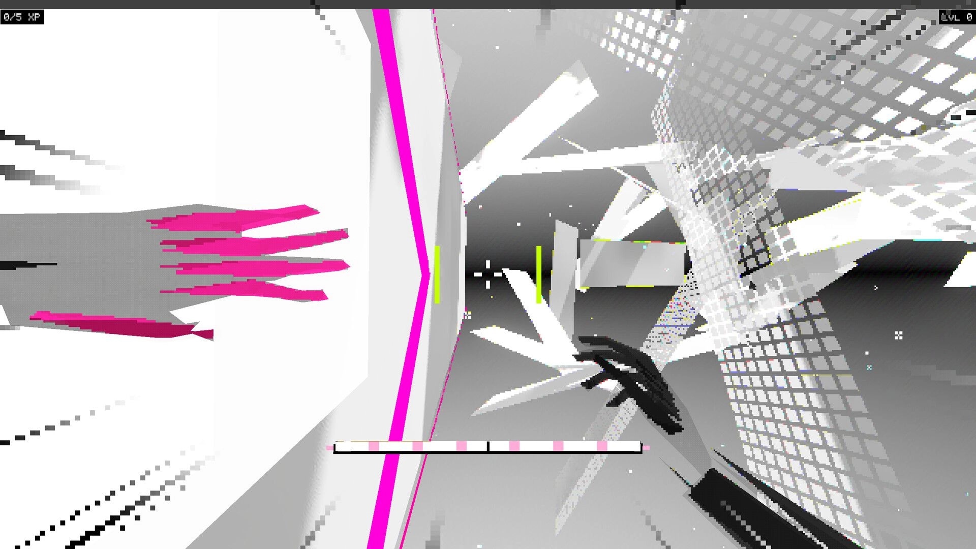CASCADE: First-person view with crosshair and XP bar in a glitchy white and pink digital tunnel.