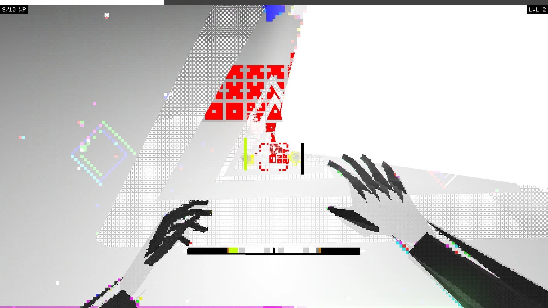 CASCADE: First-person view with gloved hands sliding past red glitch blocks in a white digital corridor.