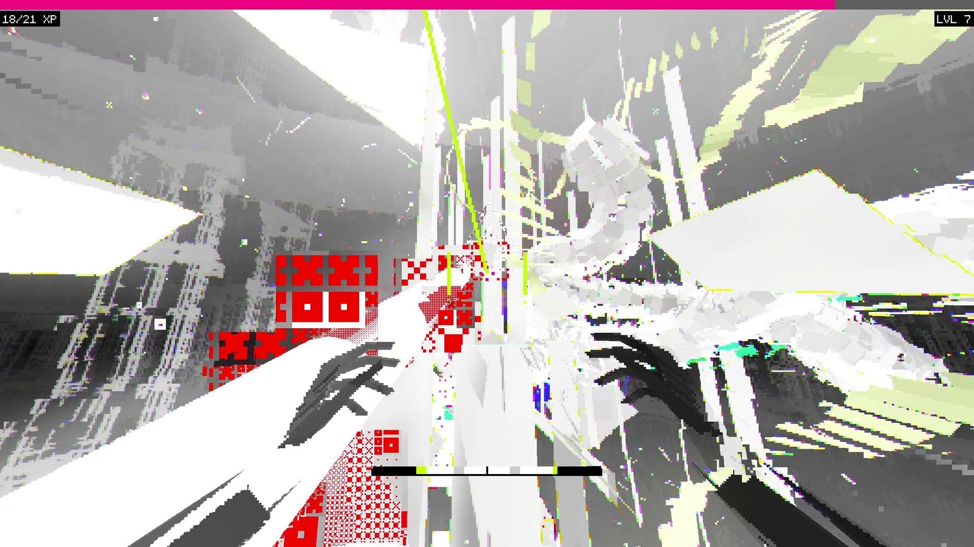 CASCADE: First-person view with gloved hands sliding past red blocks in a glitchy white void level.