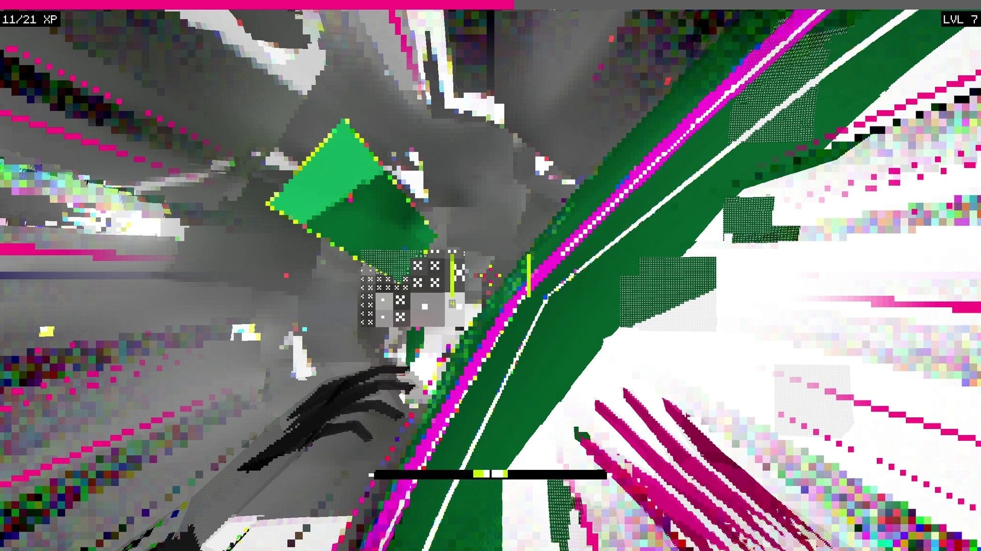 CASCADE: First-person sliding past glitchy neon blocks with XP and LVL 7 HUD in a corrupted void.