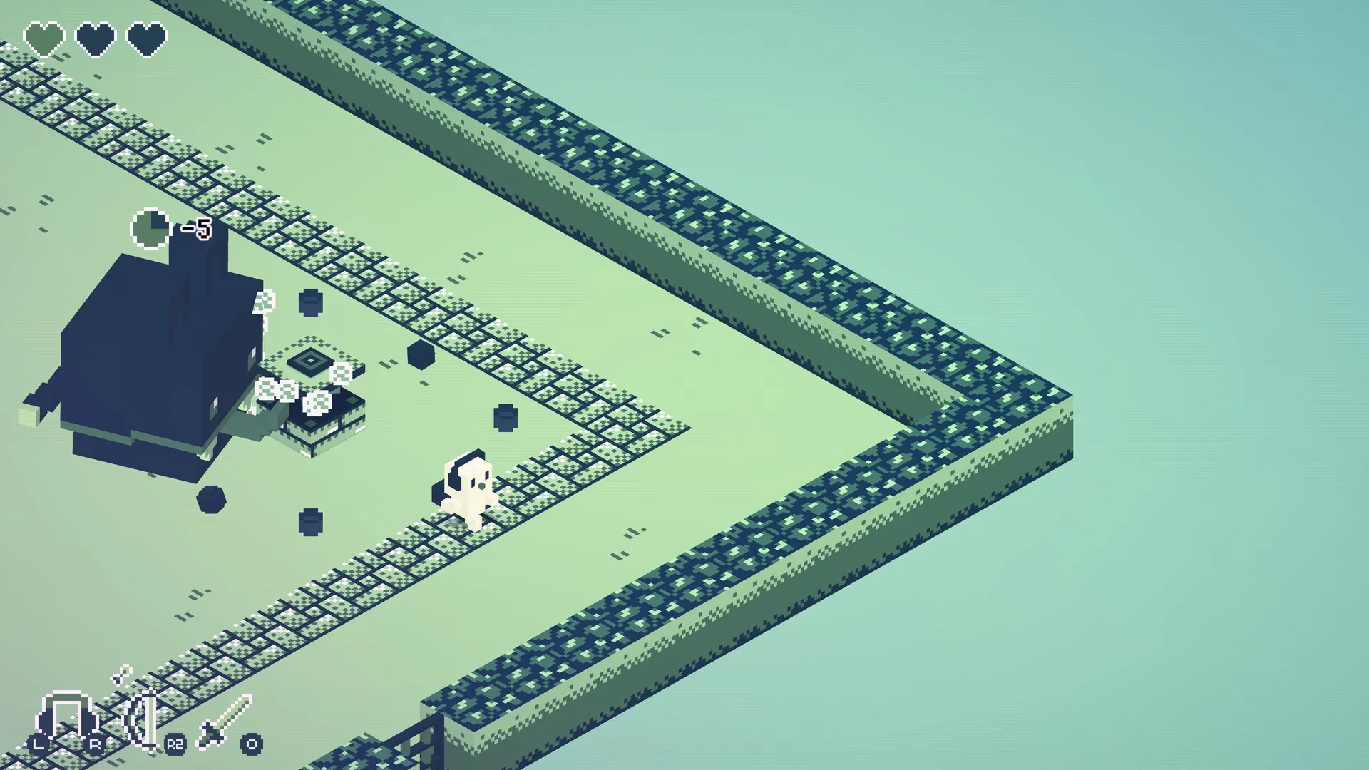 CASSETTE BOY: Character battling large enemy with three hearts in a pixelated dungeon environment