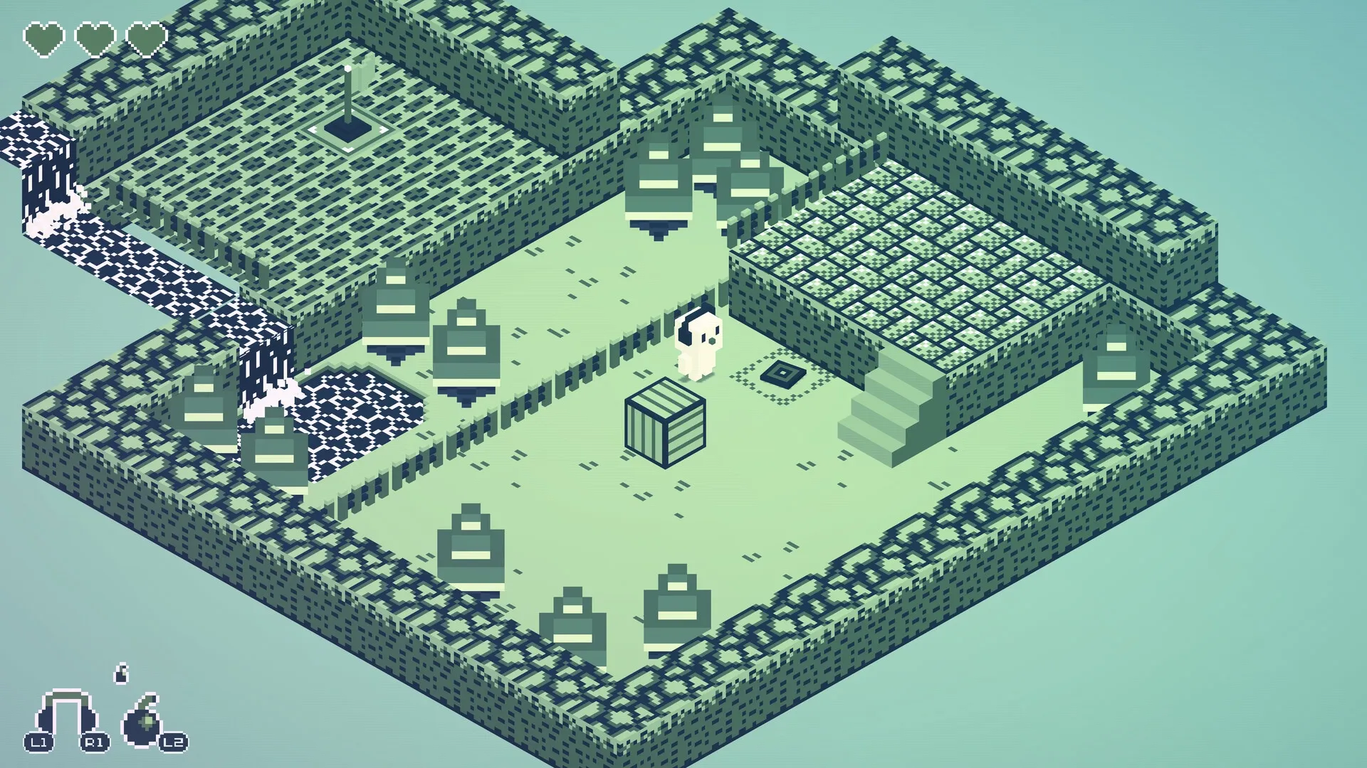 CASSETTE BOY: Character navigating maze with crates, waterfalls, and pixelated enemies in dungeon setting
