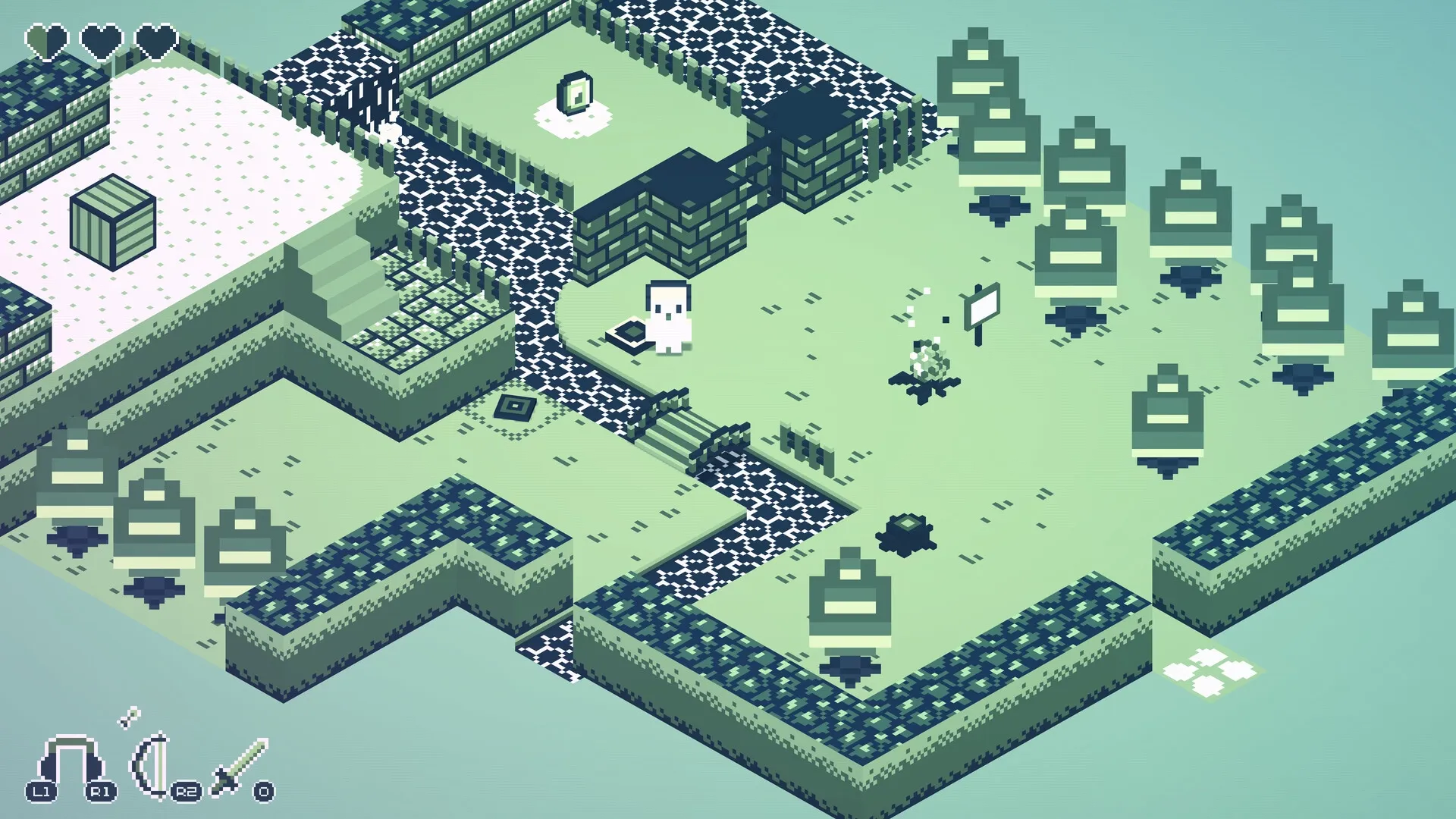 CASSETTE BOY: Character with a cassette head explores pixelated landscape with trees and a crate