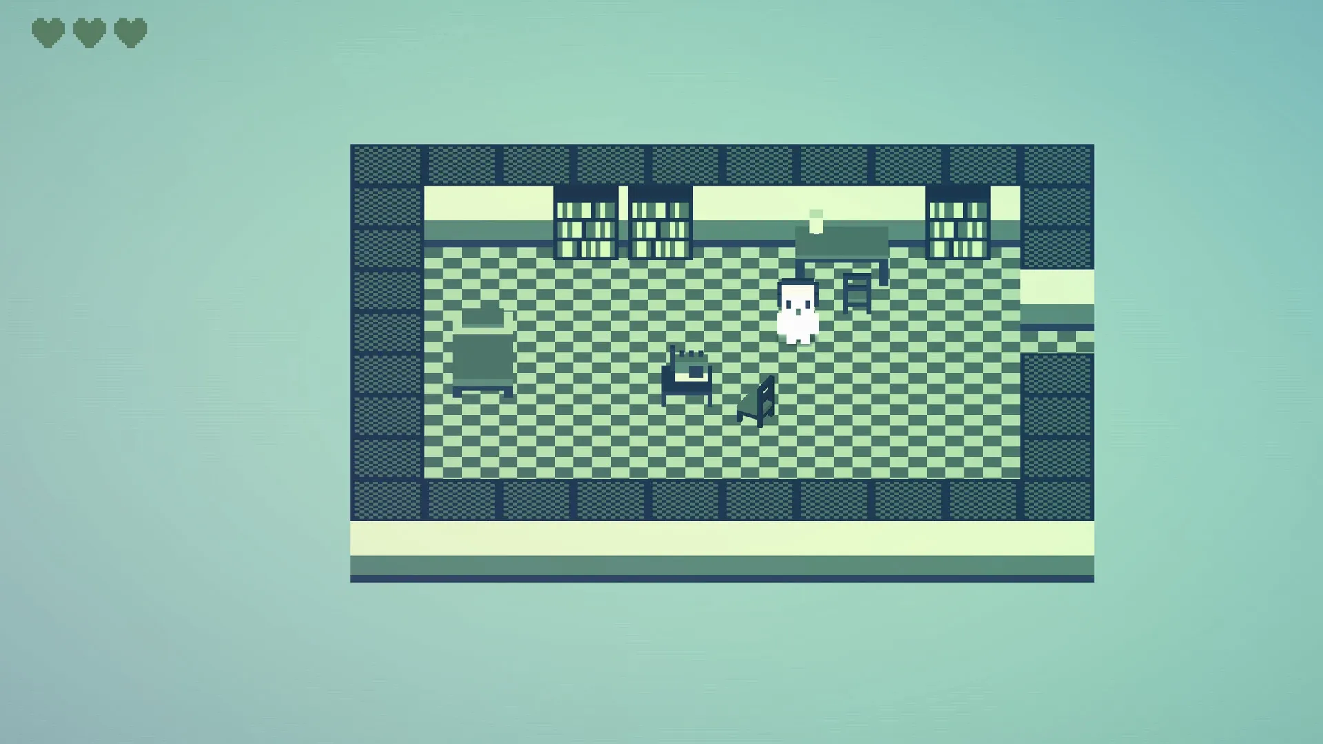 CASSETTE BOY: Character in pixel-art room with checkered floor, bookshelves, and heart icons in corner