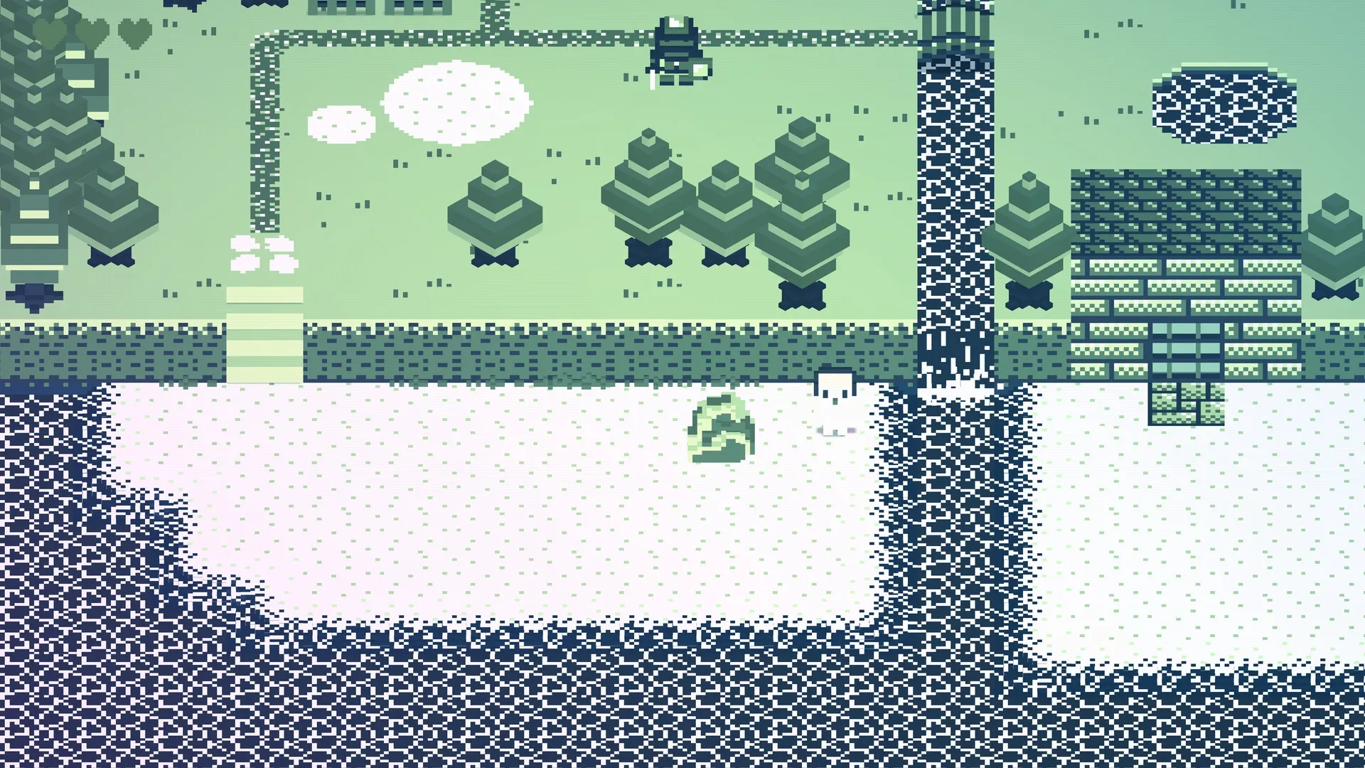 CASSETTE BOY: Pixelated landscape with character near trees and snowy area, building to the right