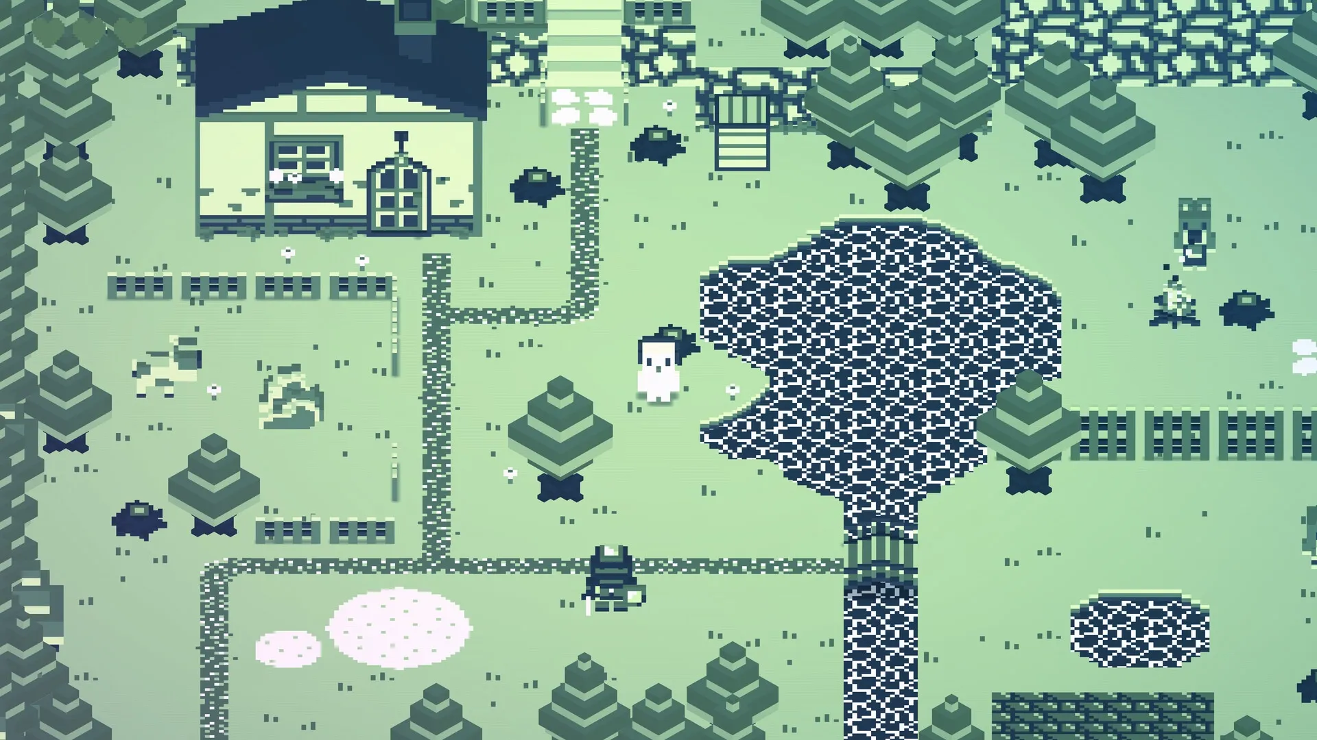 CASSETTE BOY: Character exploring pixelated village with trees, house, and pond in RPG setting.