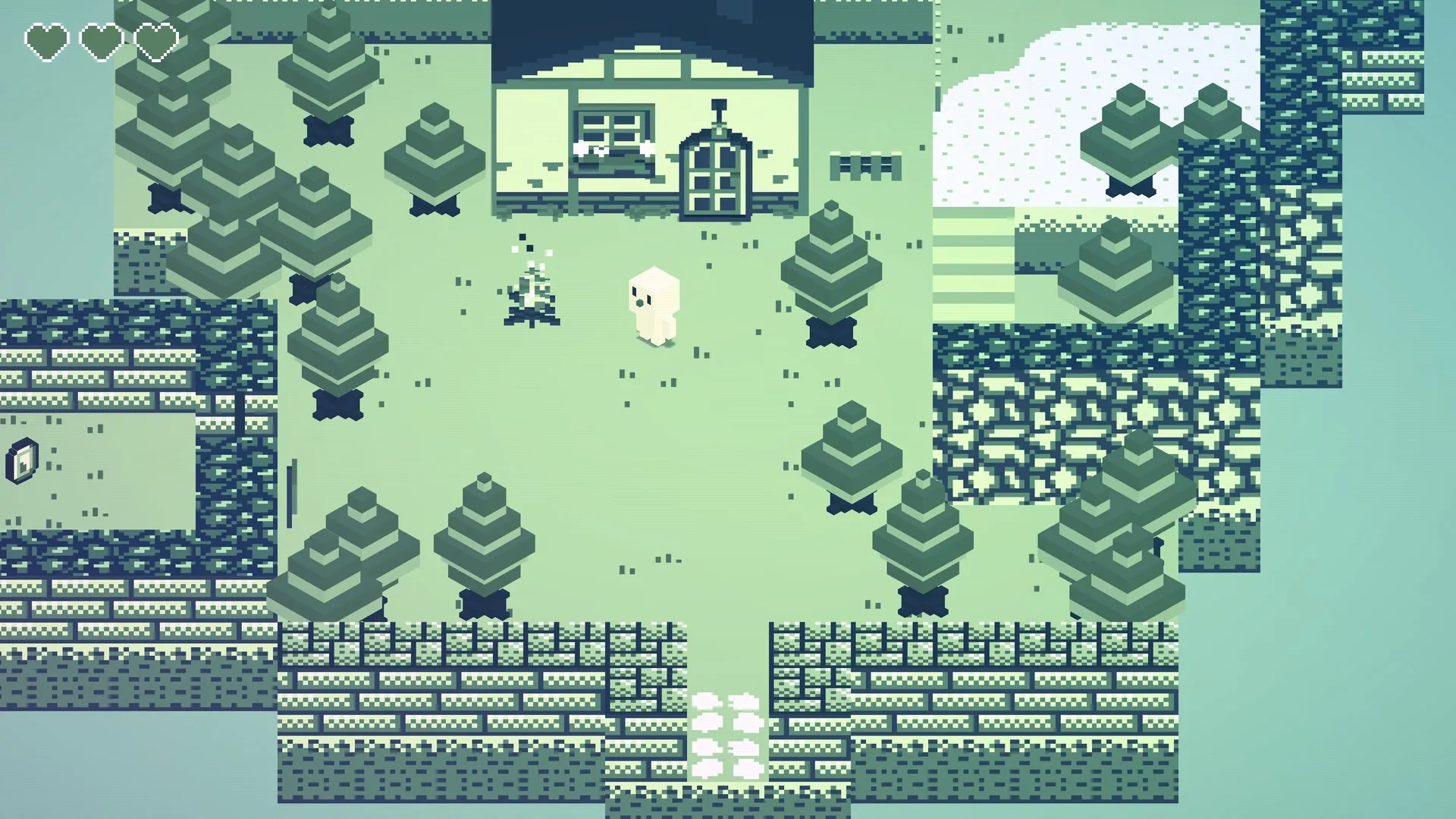 CASSETTE BOY: Character explores pixelated forest clearing near house with trees and stone walls