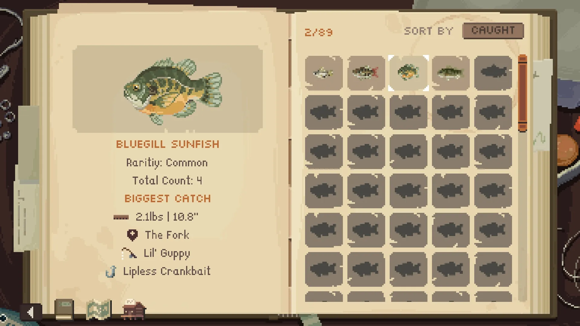 Cast n Chill: Fish inventory book displaying Bluegill Sunfish details with caught fish grid.