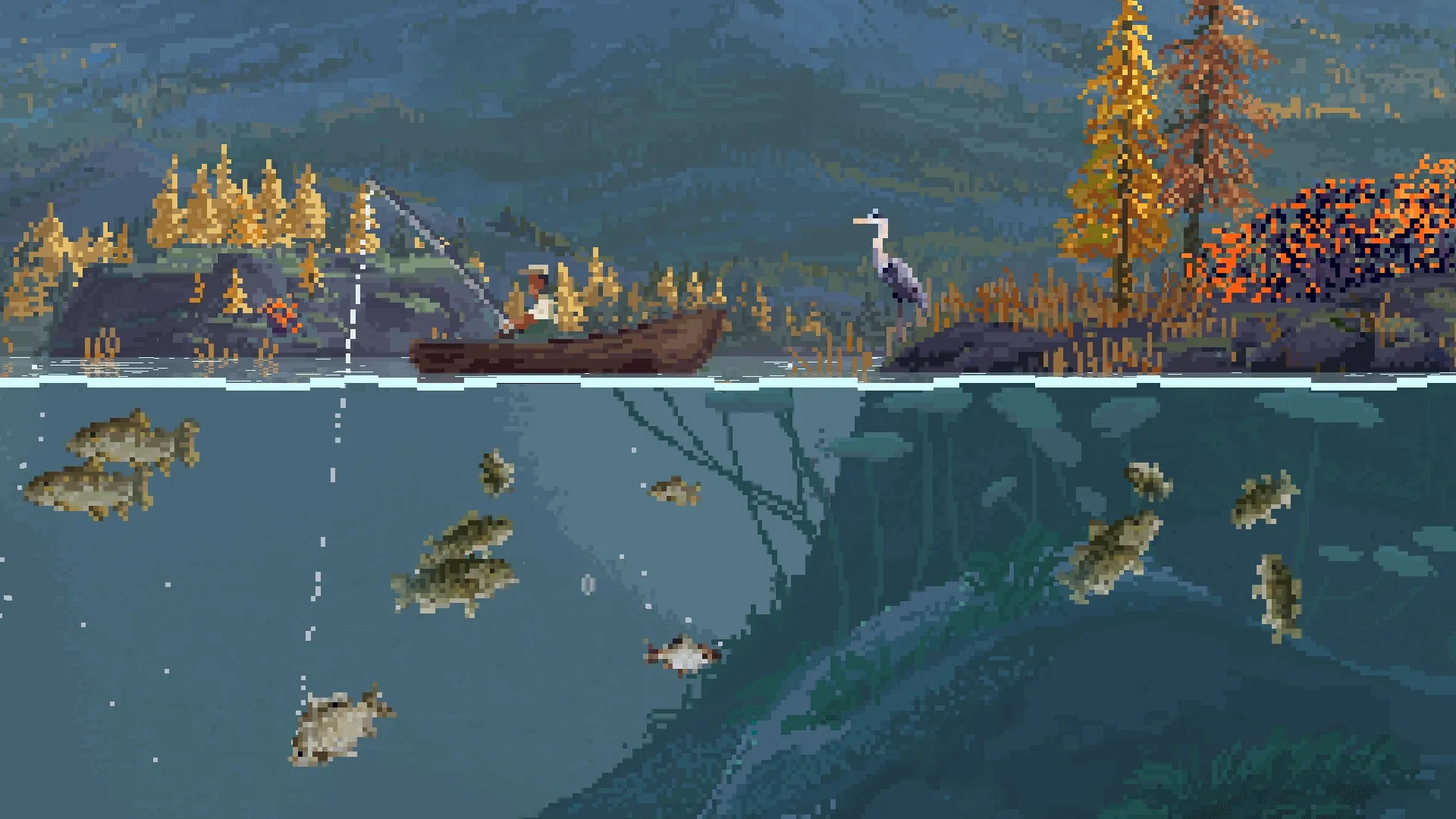 Cast n Chill: Fishing from a boat in a serene lake with fish underwater and autumn trees nearby